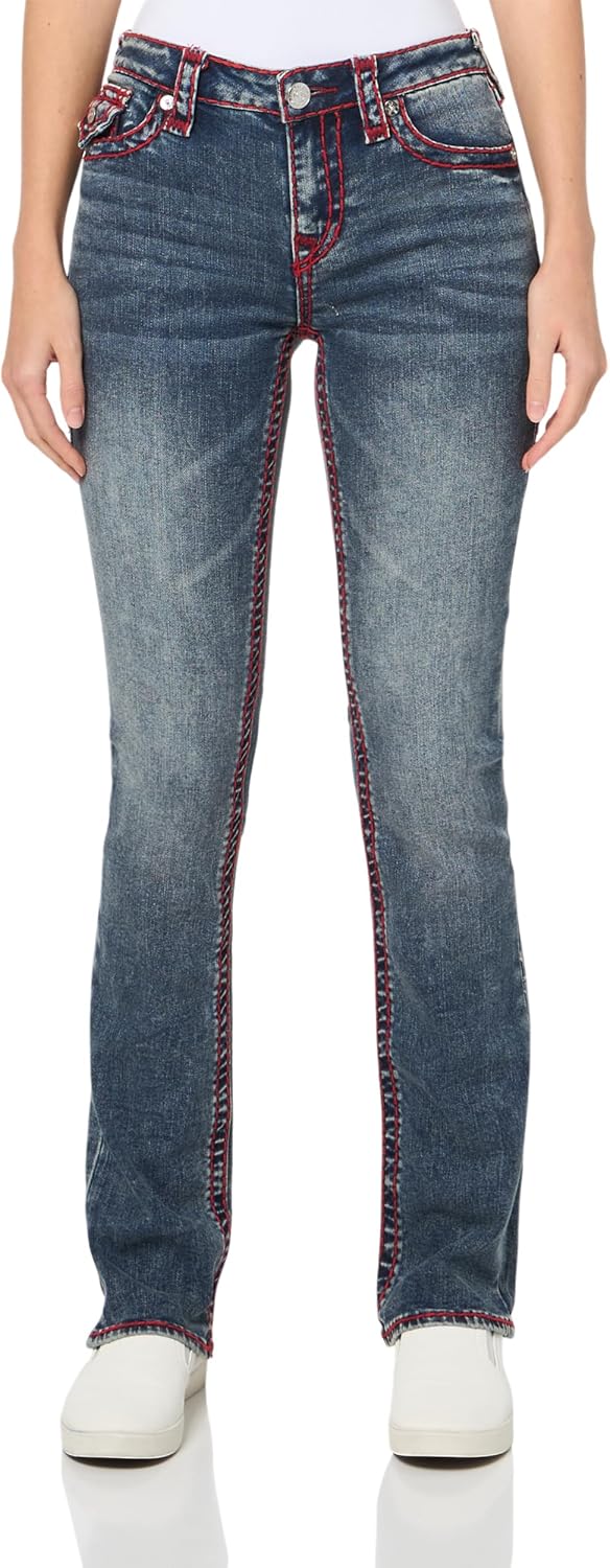 True Religion Women's Billie Mid Rise Straight Jeans with Flap Pockets and Super T Stitching
