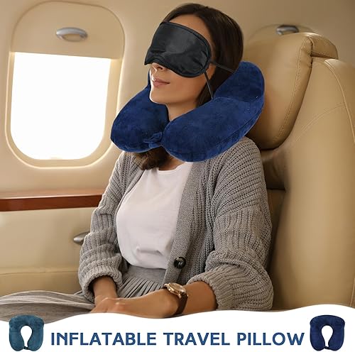 Miniatura 4 de Sintuff Paquete de 2 almohadas inflables de viaje para aviones, almohadas inflables para vuelos de cuello con bolsa compacta y venda para los ojos,