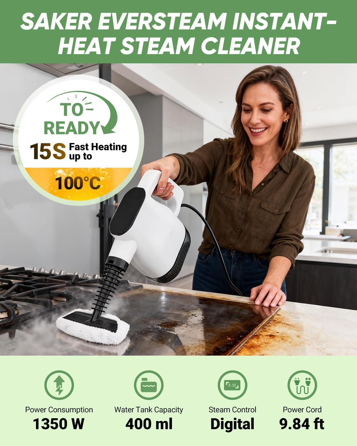 Woman using the Saker EverSteam Steam Cleaner to clean a baking sheet, highlighting the 15-second heat-up time.
