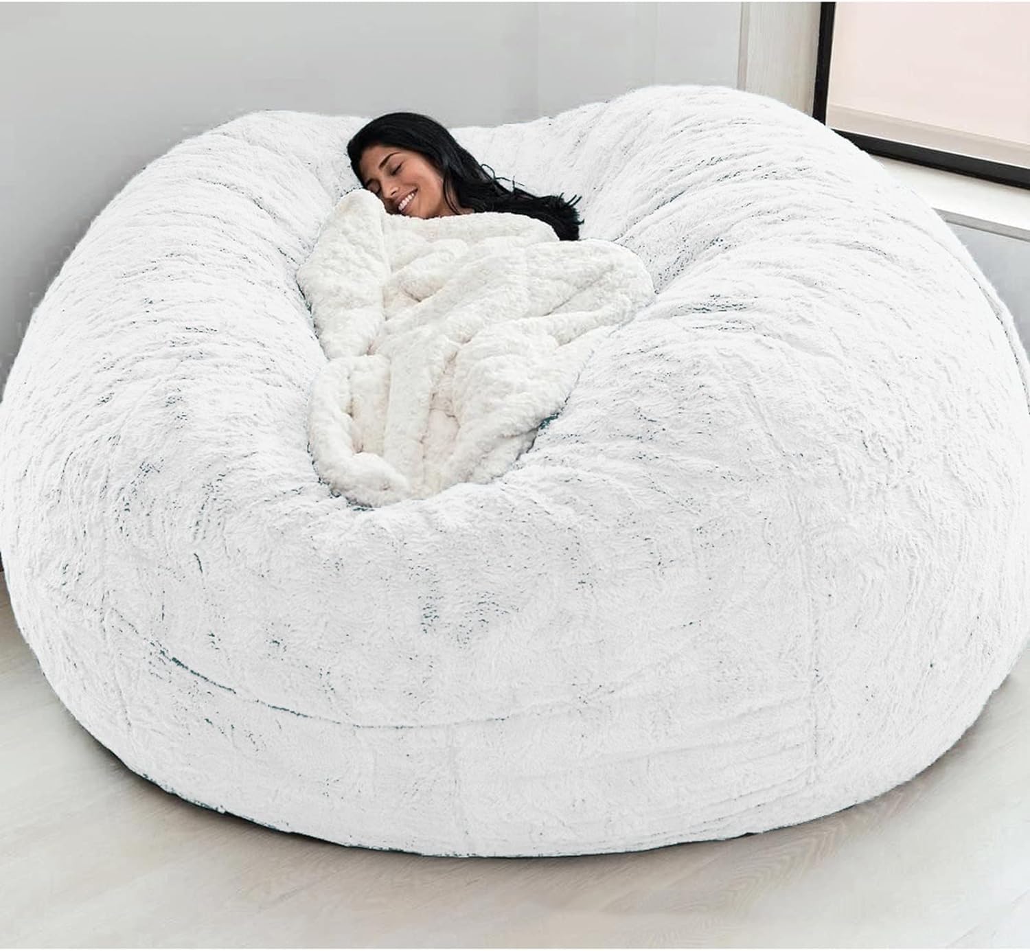 Ink Craft Round Shaped Bean Bag Chair Cover (Cover Only, No Filler) Giant Faux Fur Bean Bag Cover Soft Fluffy Fur Portable Living Room Sofa Bed For Kids Adults | 6Feet (White)