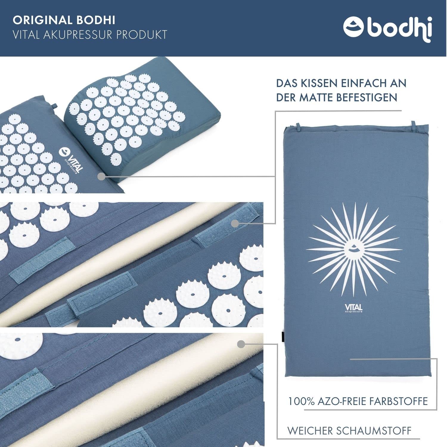 Bodhi Set per agopressione Vital Deluxe XL Soft (blu): tappetino per agopressione (130 x 50 cm), cuscino e tappetino per piedi in set conveniente, rivitalizzante per schiena e collo, rilassante