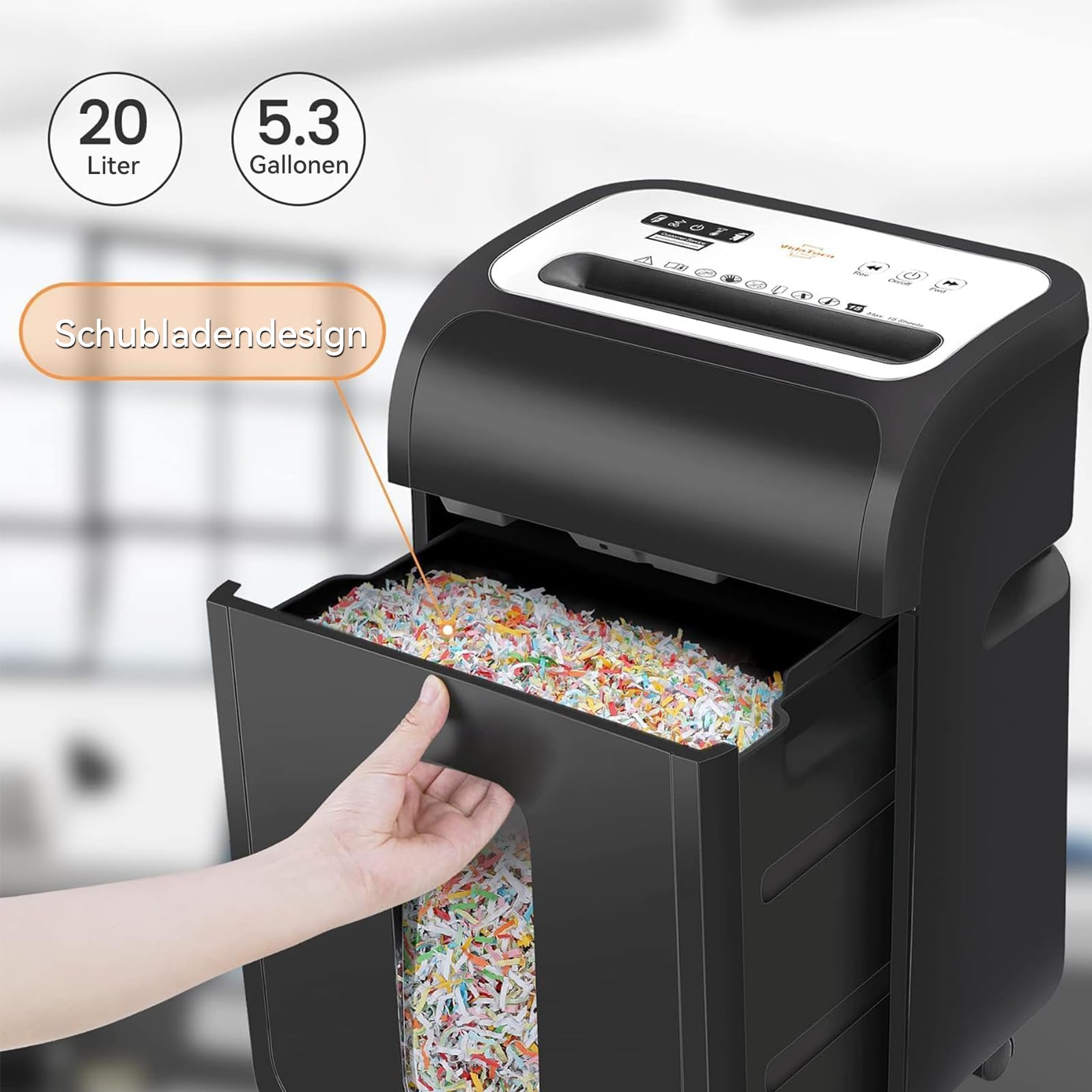VidaTeco Aktenvernichter für Büro & Home Office – Papierschredder & Schredder mit 15 Blatt Kreuzschnitt P4, 60 Min Laufzeit, 20 Liter Papierkorb, 58dB leise