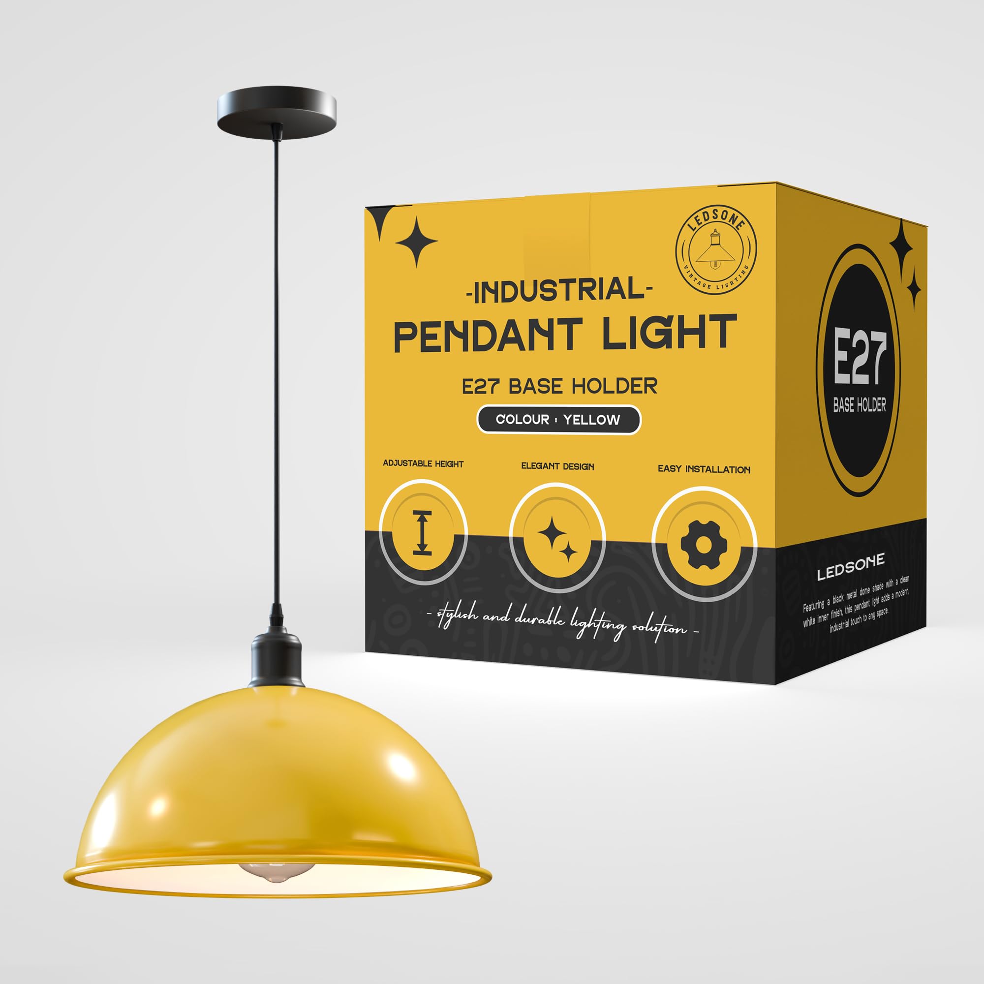 LEDSone E27 Ceiling Pendant Light Fixtures 40cm Metal Yellow Dome Shades Retro Industrial Hanging Lamp for Living Room Bedroom Kitchen Restaurant Loft Coffee Bar โ image 1