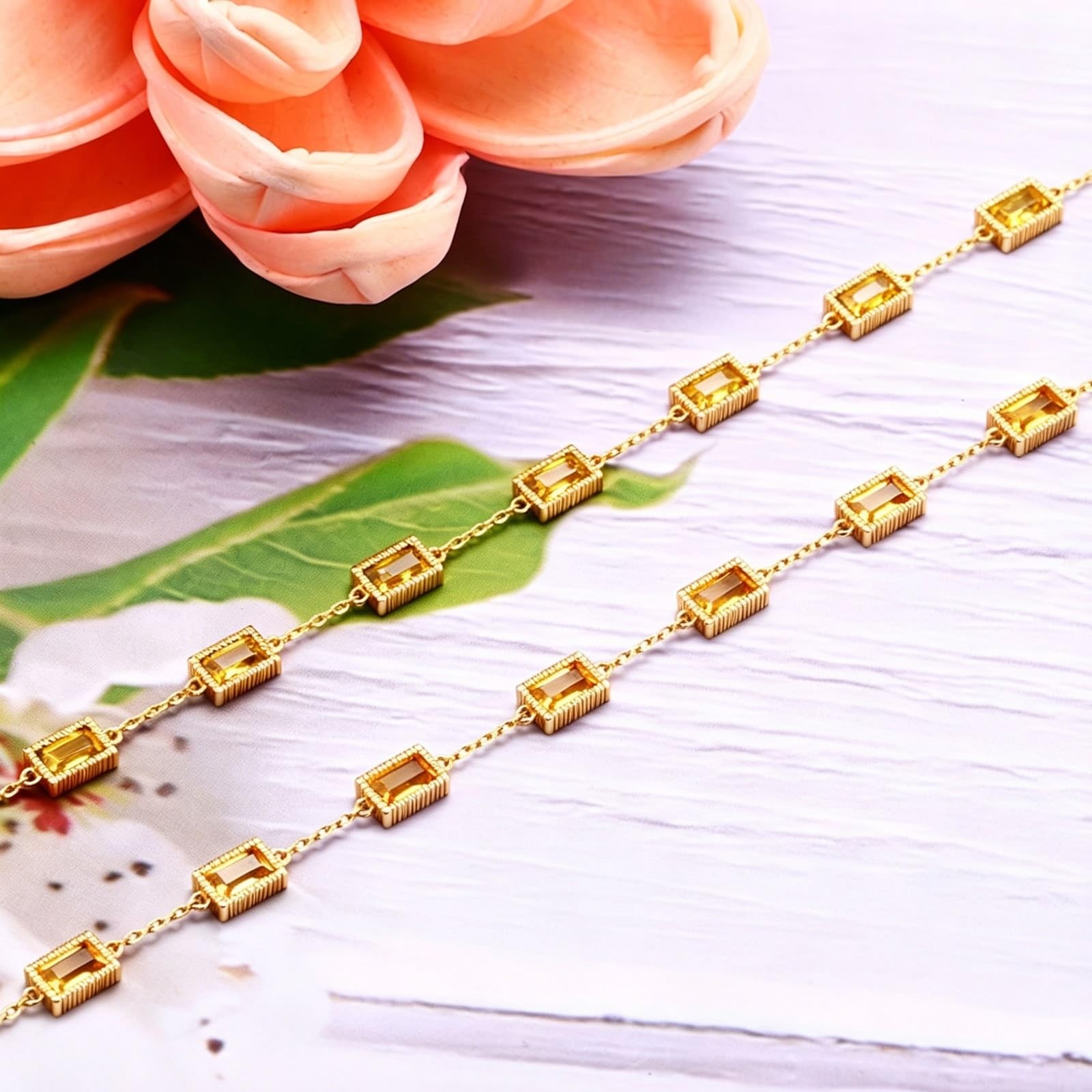 Bracelet en or jaune au 375/585/750 véritable avec rectangle jaune citrine vintage élégant