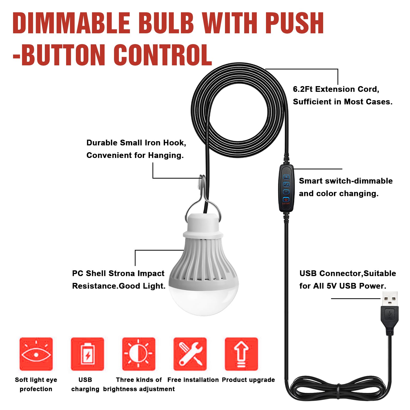 Set di 2 lampade da campeggio LED USB ricaricabili 7 W - Lampada da tenda con intensità variabile - 3 modalità di illuminazione 2700-5000 K - Luce di emergenza con gancio - Funziona con pile