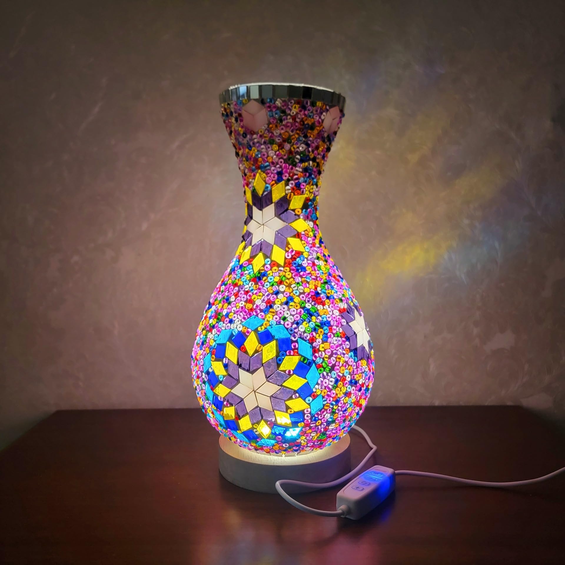 Maimeili Retro Turkish Mosaic Vase Lamp Turkish Moroccan Table Lamp Colorful Handmade Glass Vase with Wood Base for Flowers USB Charge Decor Light for Bedroom Ambient Living Room Farmhouse