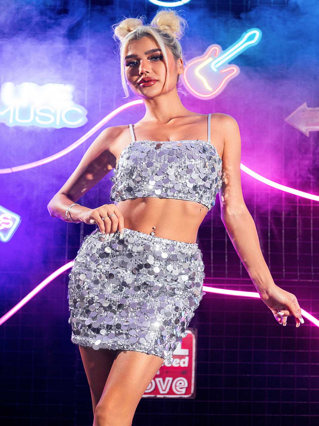 Amazon.com: GORAIS Dot Sequin Skirt with Crop Top Silver 2 Pieces