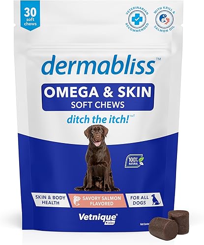 Vetnique Labs Dermabliss Omega & Skin Chews para perros con Omega 3-6-9, EPA, DHA, biotina para una piel sana y más - Golosinas para perros con