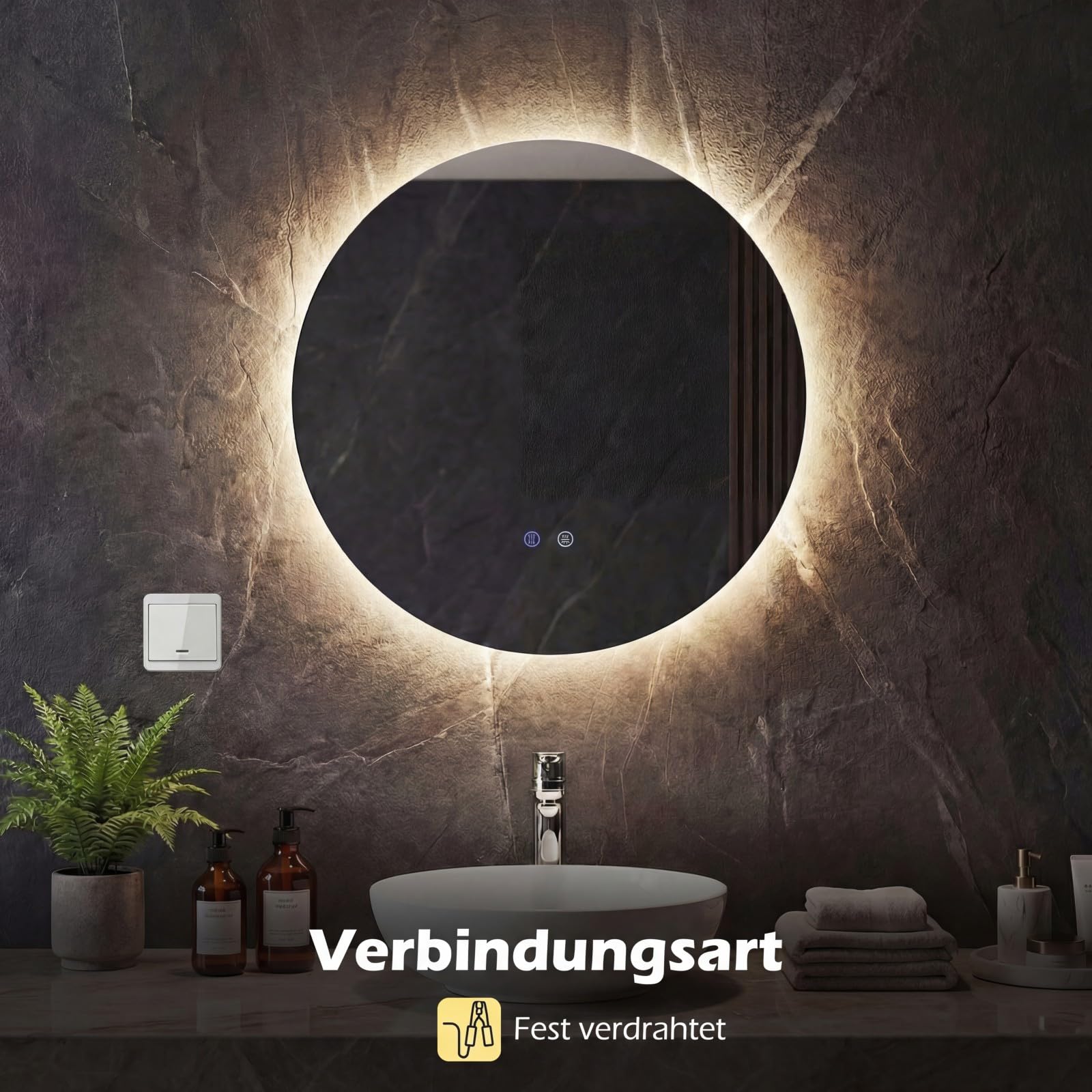 COSTWAY Spiegel mit Beleuchtung, runder Badezimmerspiegel aus gehärtetem Glas mit Speicherfunktion & Beschlagfrei-Design, Badspiegel mit Hintergrundbeleuchtung, Smart Touch, für Badezimmer (60 cm)