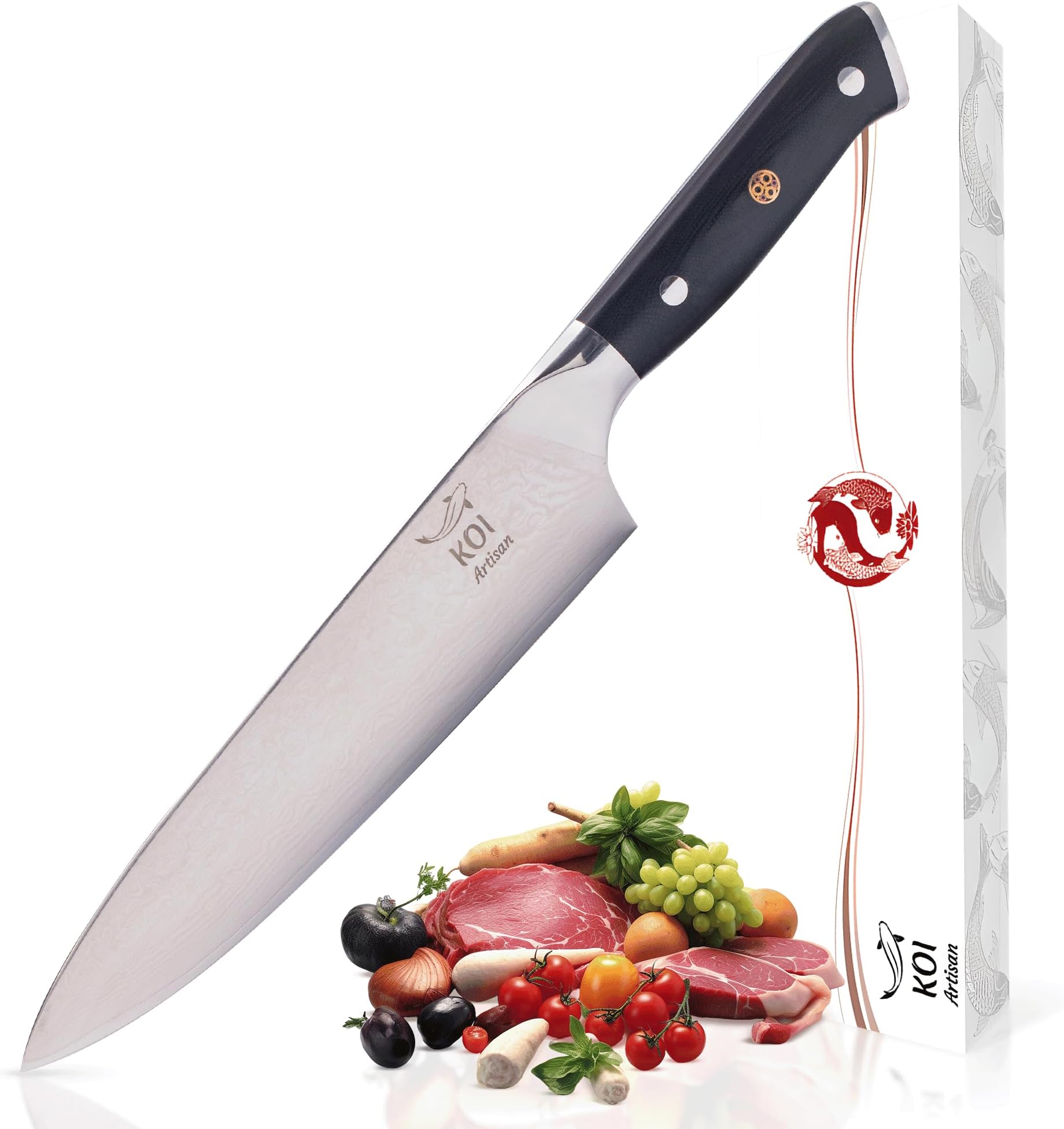 KOI ARTISAN Damascus Chef Knife - 8 Inch Razor Sharp Blade - Premium Kitchen Knives in Gift Box – Japanese Knifes VG10 Super Steel - Stain and Corrosion Resistant