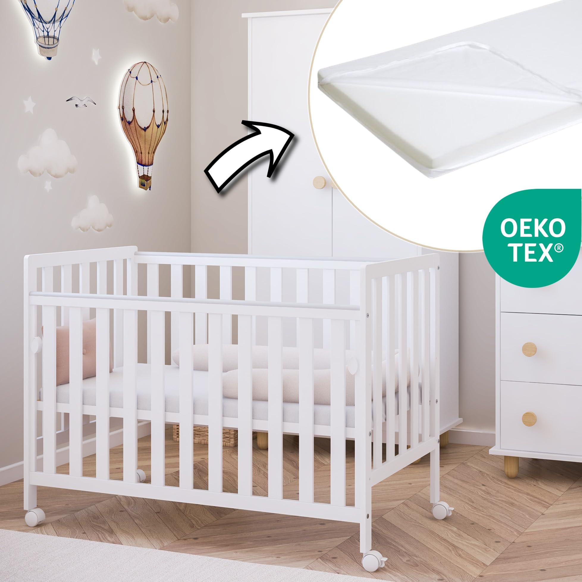 zee Bambi Cuna Colecho Bebe 120x60 cm Blanca con Colchon y Ruedas Lateral Abatible Somier Regulable 3 Alturas Cuna Portatil Bebe