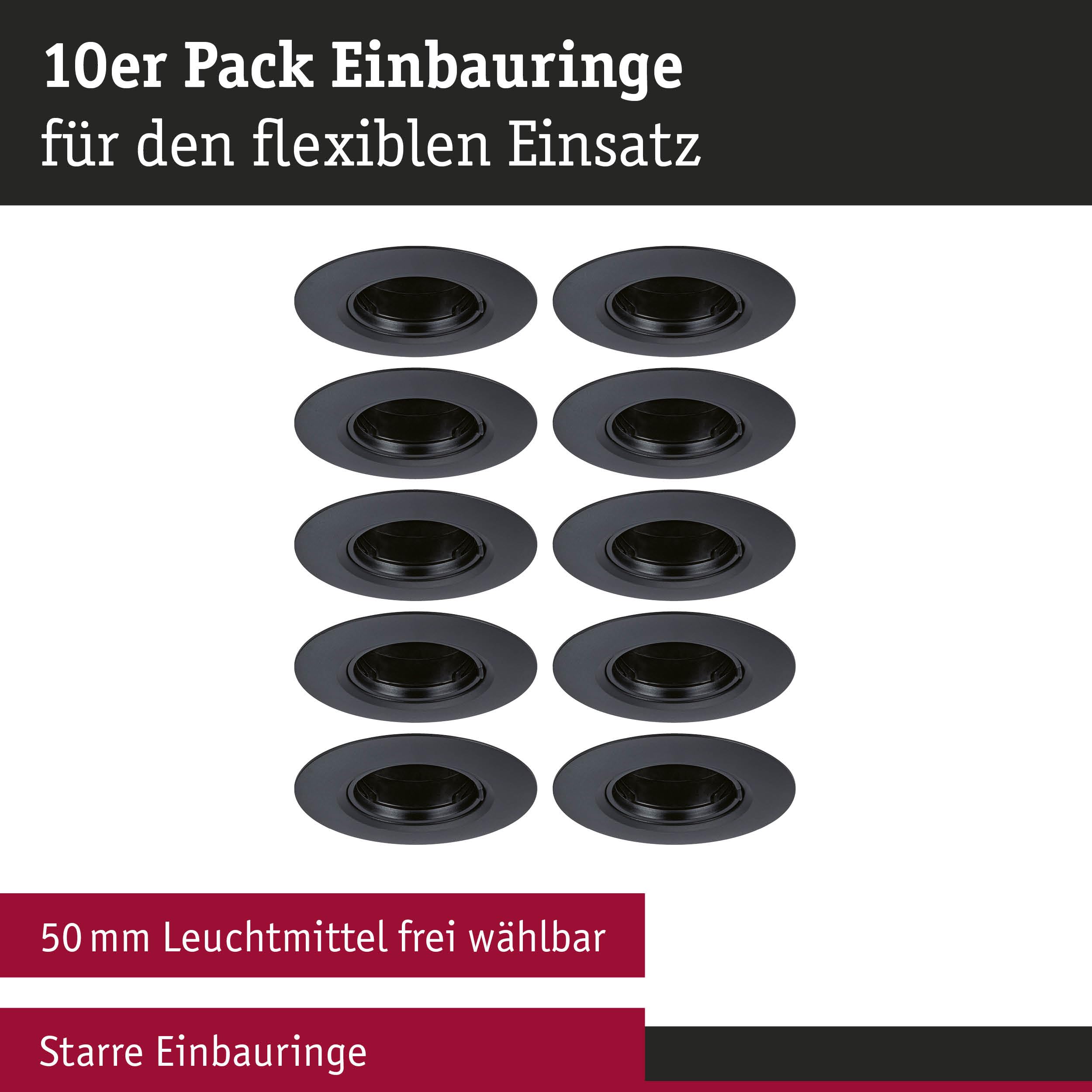 Paulmann 92120 Einbauleuchte 10er-Set starr rund 90mm GU10 max. 10x10W 230V Schwarz Einbaulampe