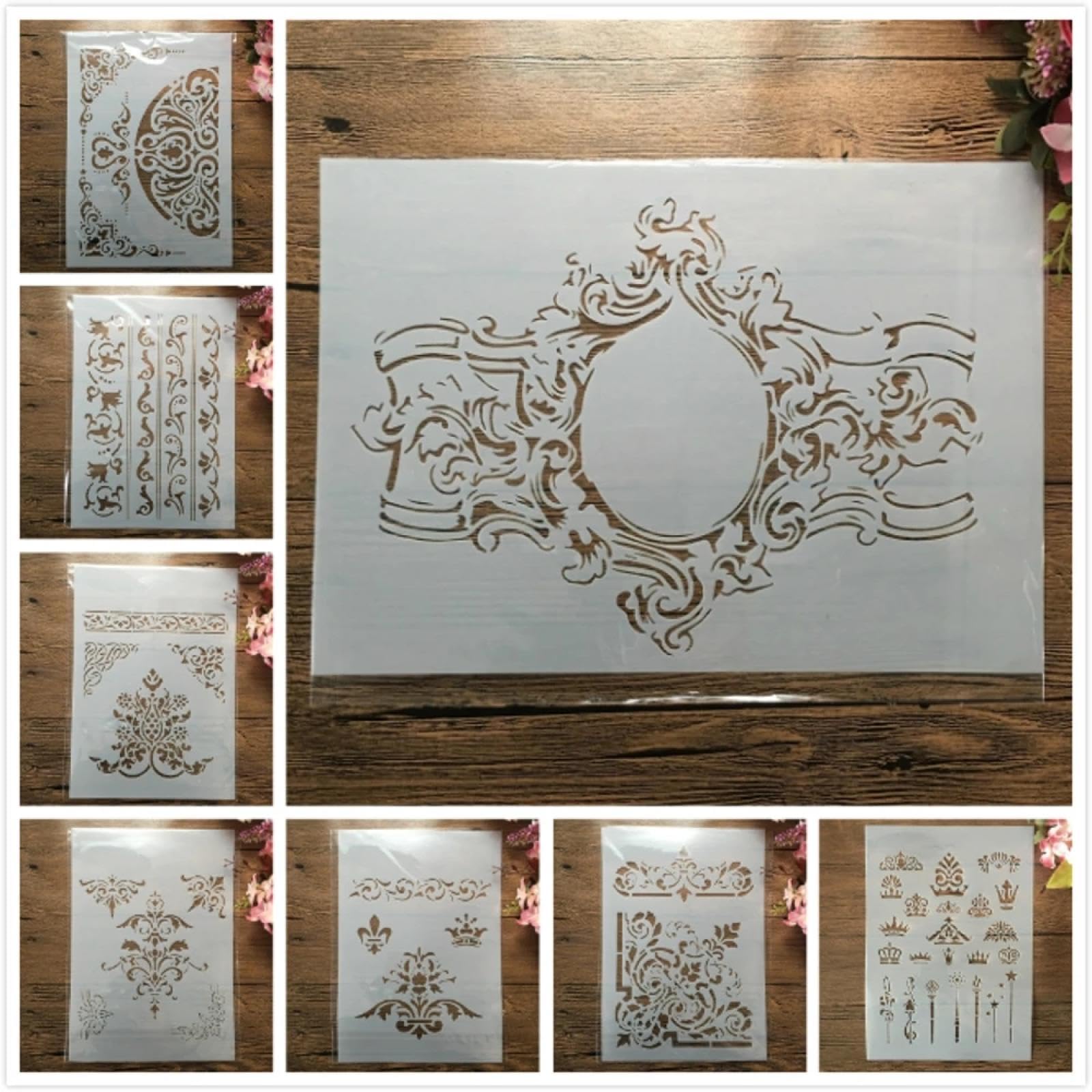 Plantillas de dibujo, 8 unidades, tamaño A4, 29 cm, diseño floral, vintage, para manualidades, adornos, pintura, plantillas, plantillas para pared, cartulina, letreros de madera de roca, lienzo