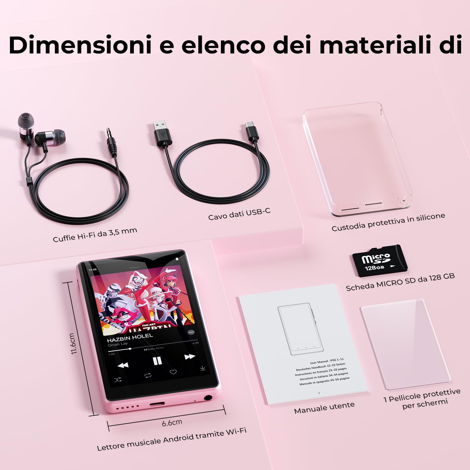 160 GB Lettore MP3 con Spotify, Bluetooth e Wi-Fi, 4,5 pollici touchscreen | Android 13 lettore MP4, Play Store, Amazon Music, Deezer, radio FM,Batteria da 2000mAh, espandibile con memory card da 1TB