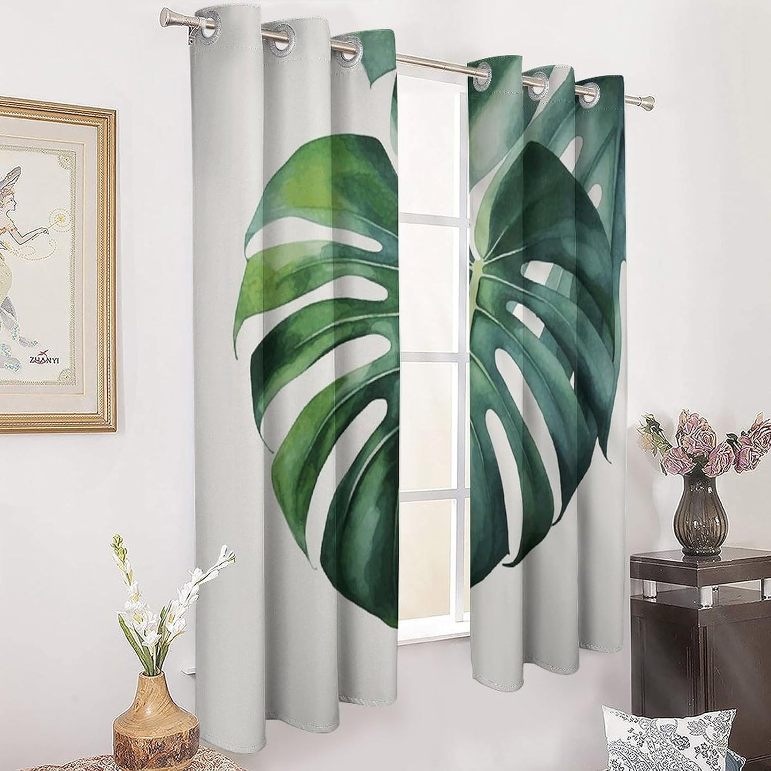 Watercolor Monstera Leaf Printed Perforated Curtains, Insulated Curtains for Winter, Thermal Drapes are Suitable for Most Windows, Balconies