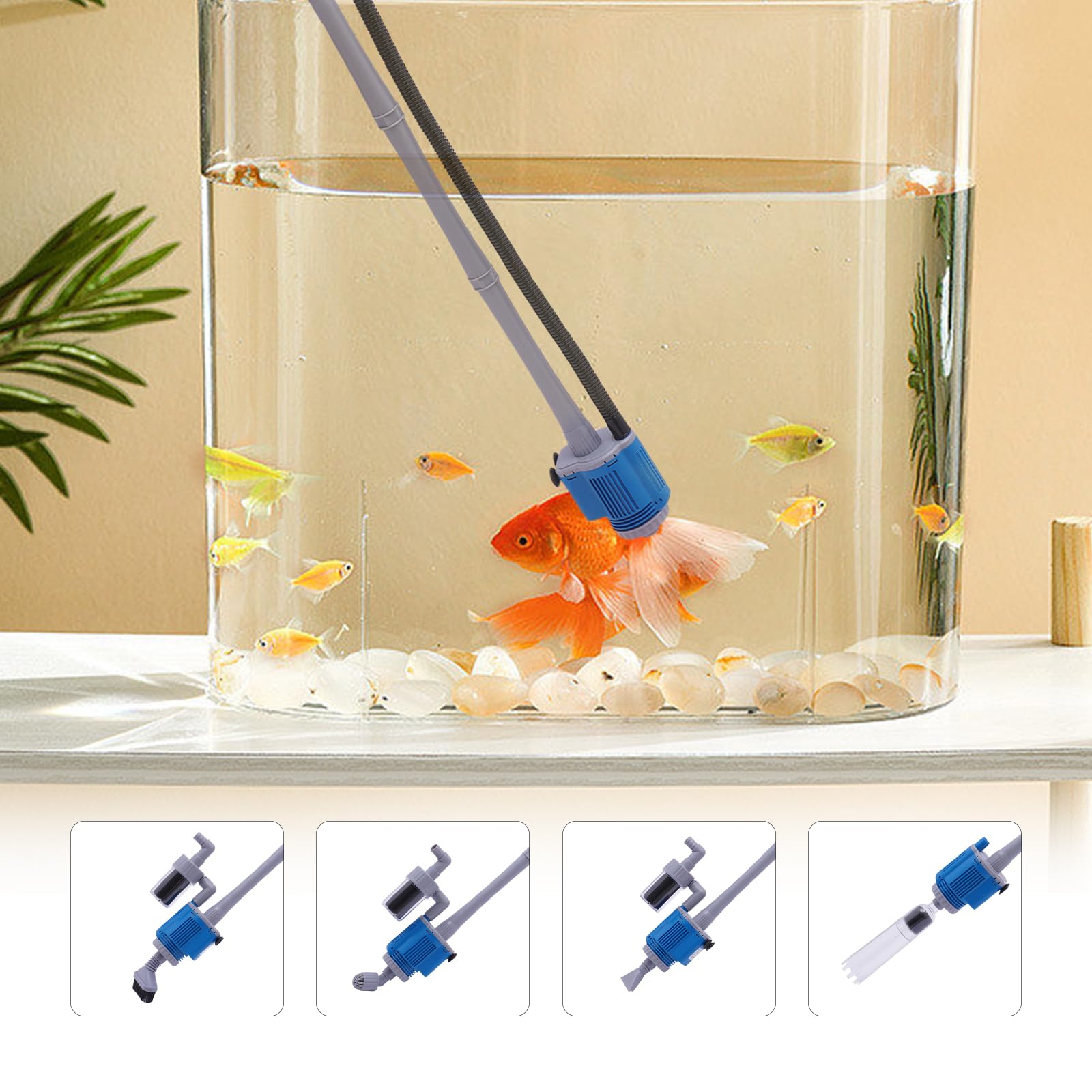 Limpiador de grava automático para acuario, 28 W, 1700 l/h, limpiador de grava para acuario, con 4 tubos de extensión, boquilla de pato giratoria 360°, juego multifunción para cambio de agua y