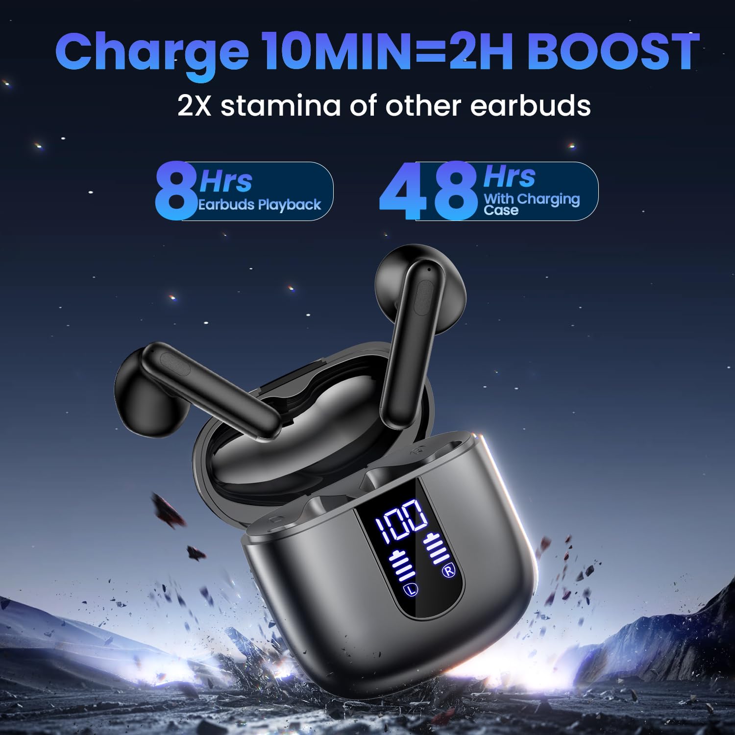 Wireless Earbuds, Bluetooth Headphones with Deep Bass Stereo, 48H Playback Ear Buds with LED Power Display, Lightweight, IPX7, in-Ear Earphones with Mic for iPhone/Android/iPad, Black