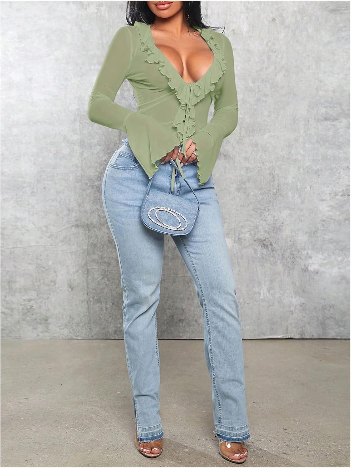 Milumia Women's Long Bell Sleeve Tie Front Top Ruffle Trim See Through Mesh Crop Tops - Image 5