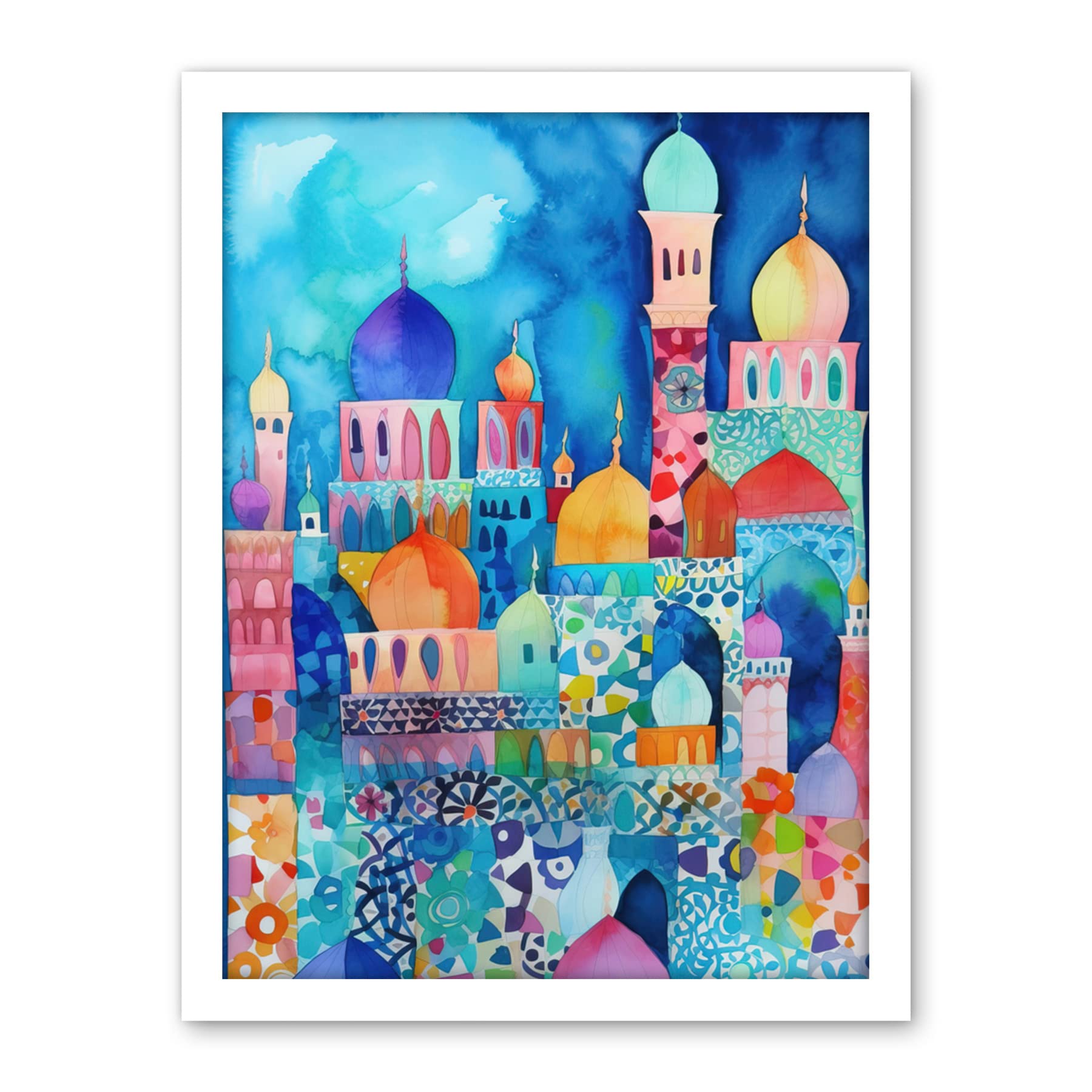 Artery8 Morocco Cityscape Moonlight Folk Art Artwork Framed Wall Art Print 18X24 Inch
