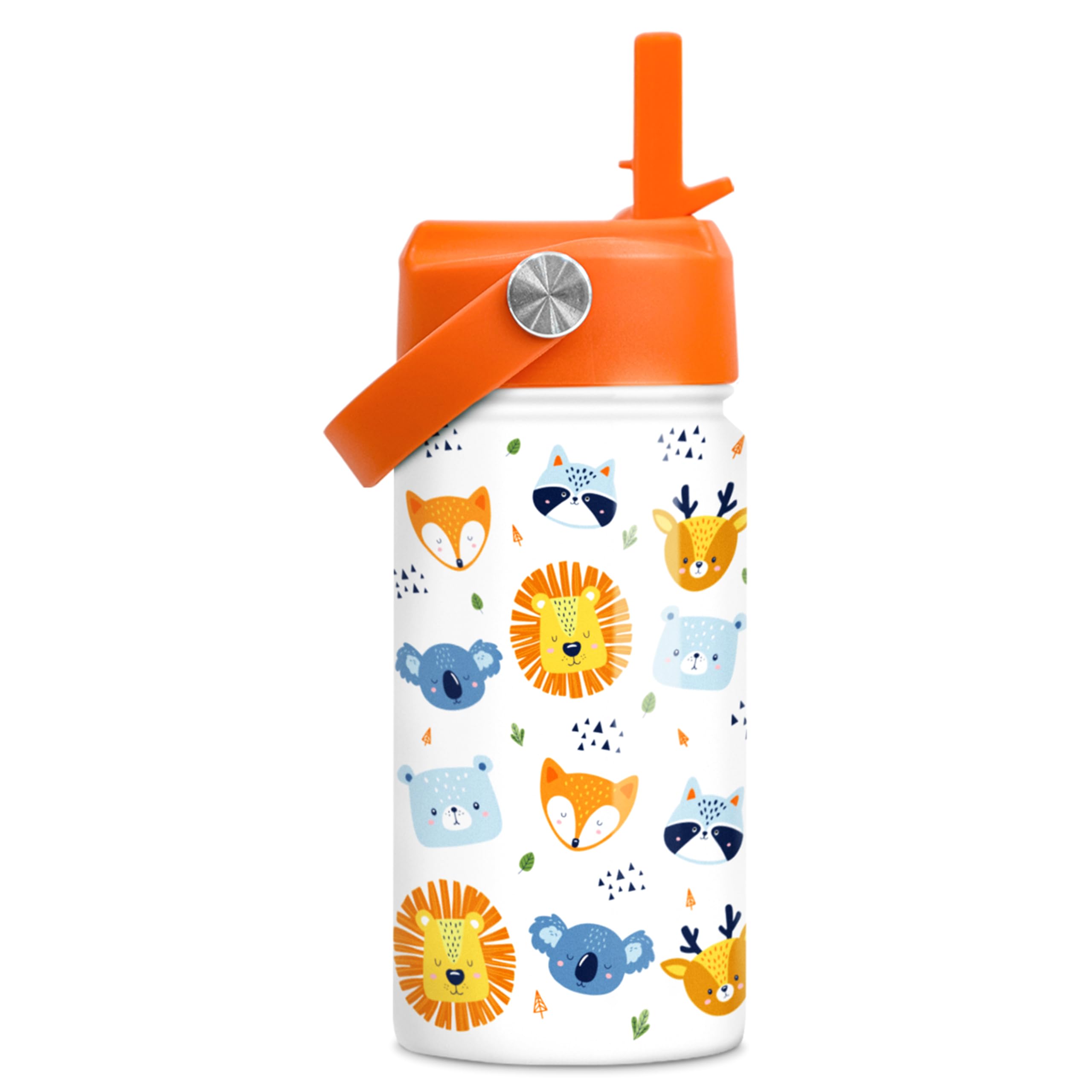 SANDJEST Kids Water Bottle with Straw Lid - 12 Oz Insulated Stainless Steel Animal Water Bottles for Kid Boys Girls - Travel Cup for School Sports