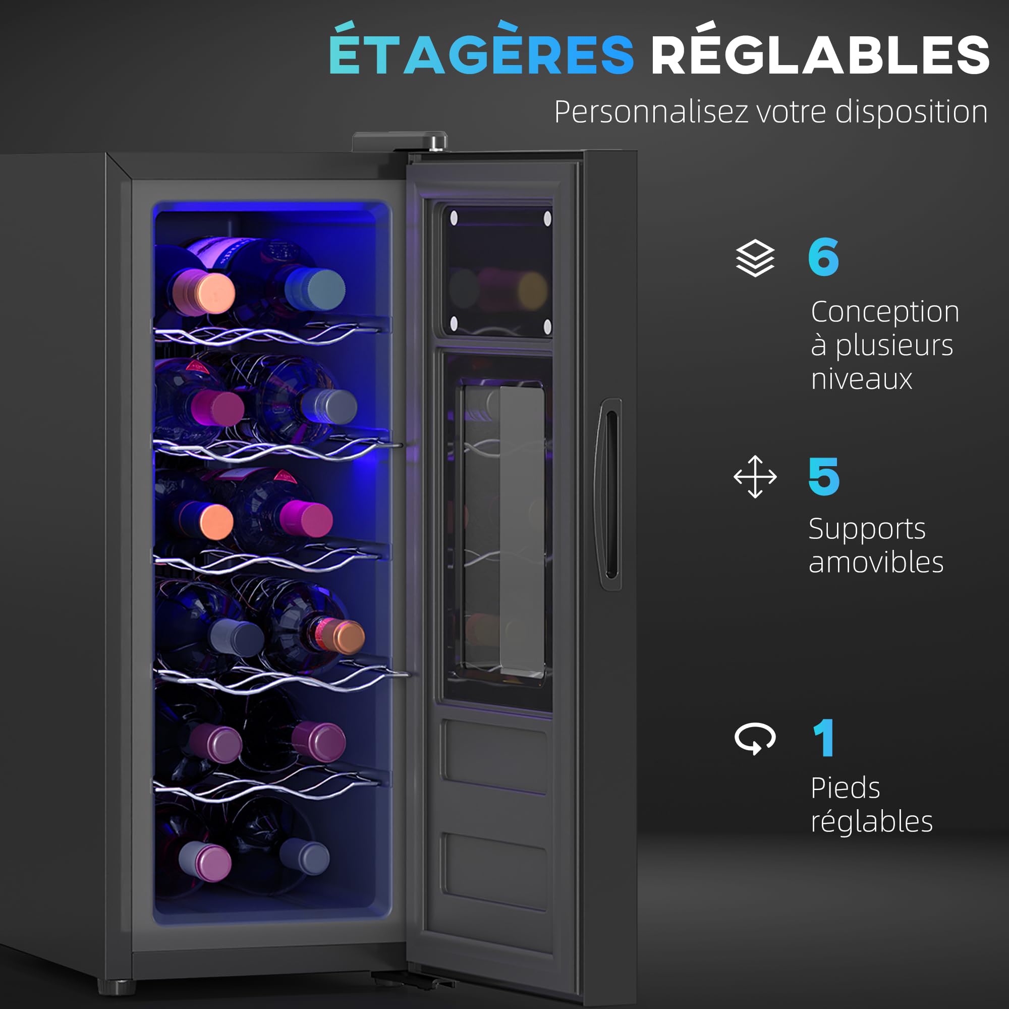 HOMCOM Cave à vin 12 bouteilles 30L réfrigérateur thermoélectrique silencieux porte en verre éclairage LED écran tactile numérique contrôle température 8-18°C noir