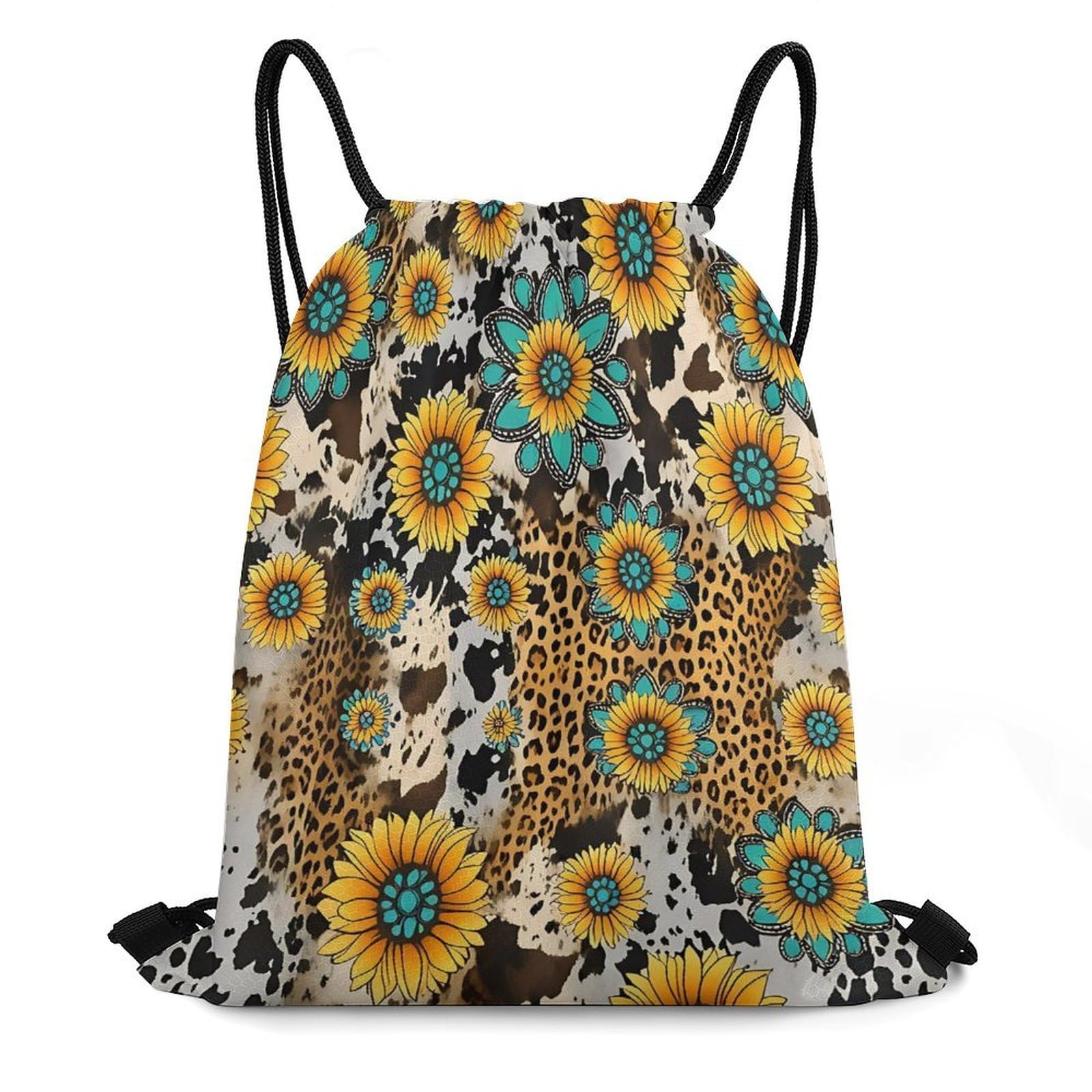 CASOWAT Sunflower Leopard Pattern Drawstring Backpack, Lightweight Daypack for Men Women Fit Travel, Sports, Gym, Travel And Beach 16x14 IN