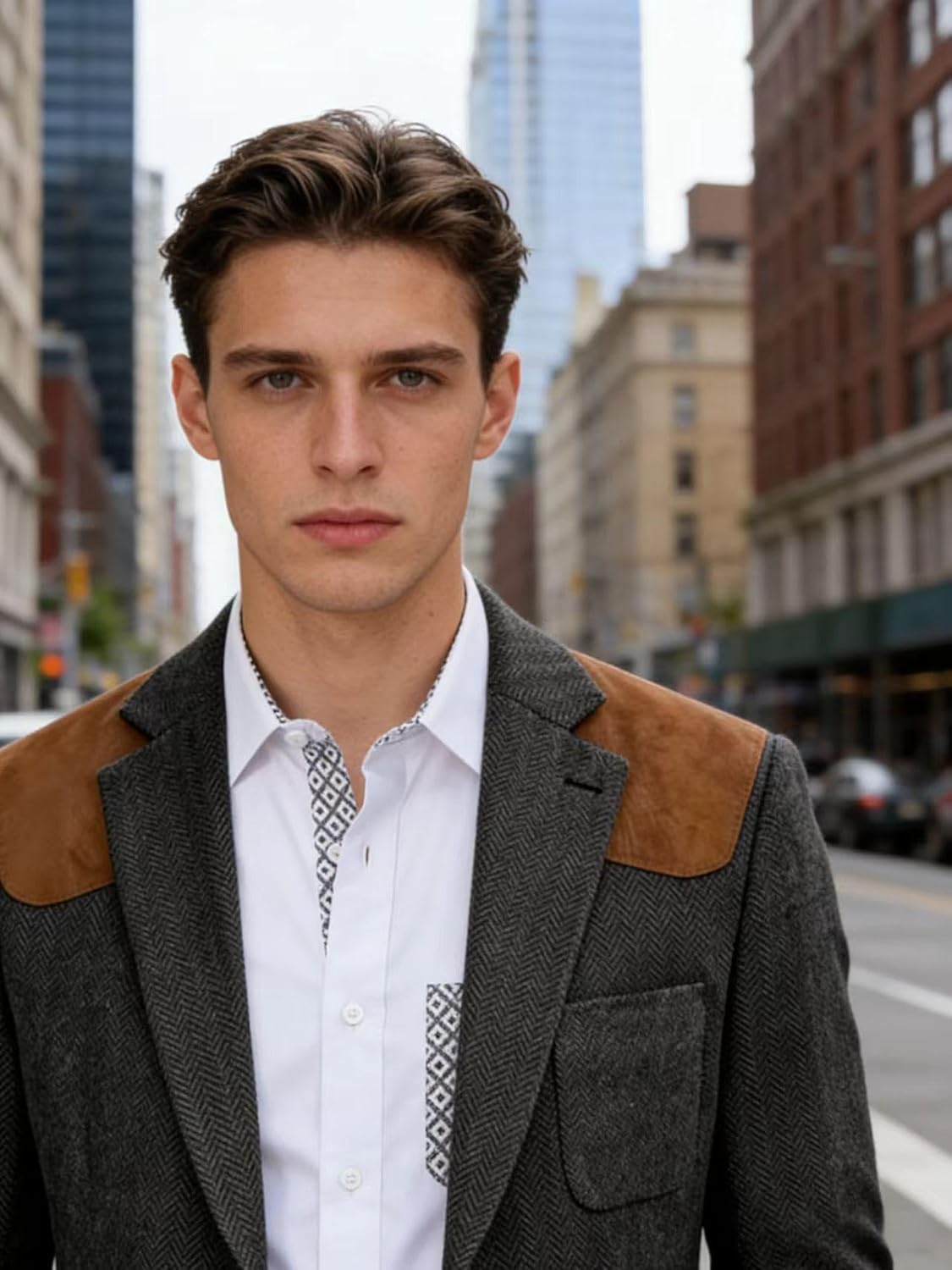 Mens Vintage Herringbone Tweed Blazer with Suede Shoulder Patch Casual Hunting Style Sport Coat