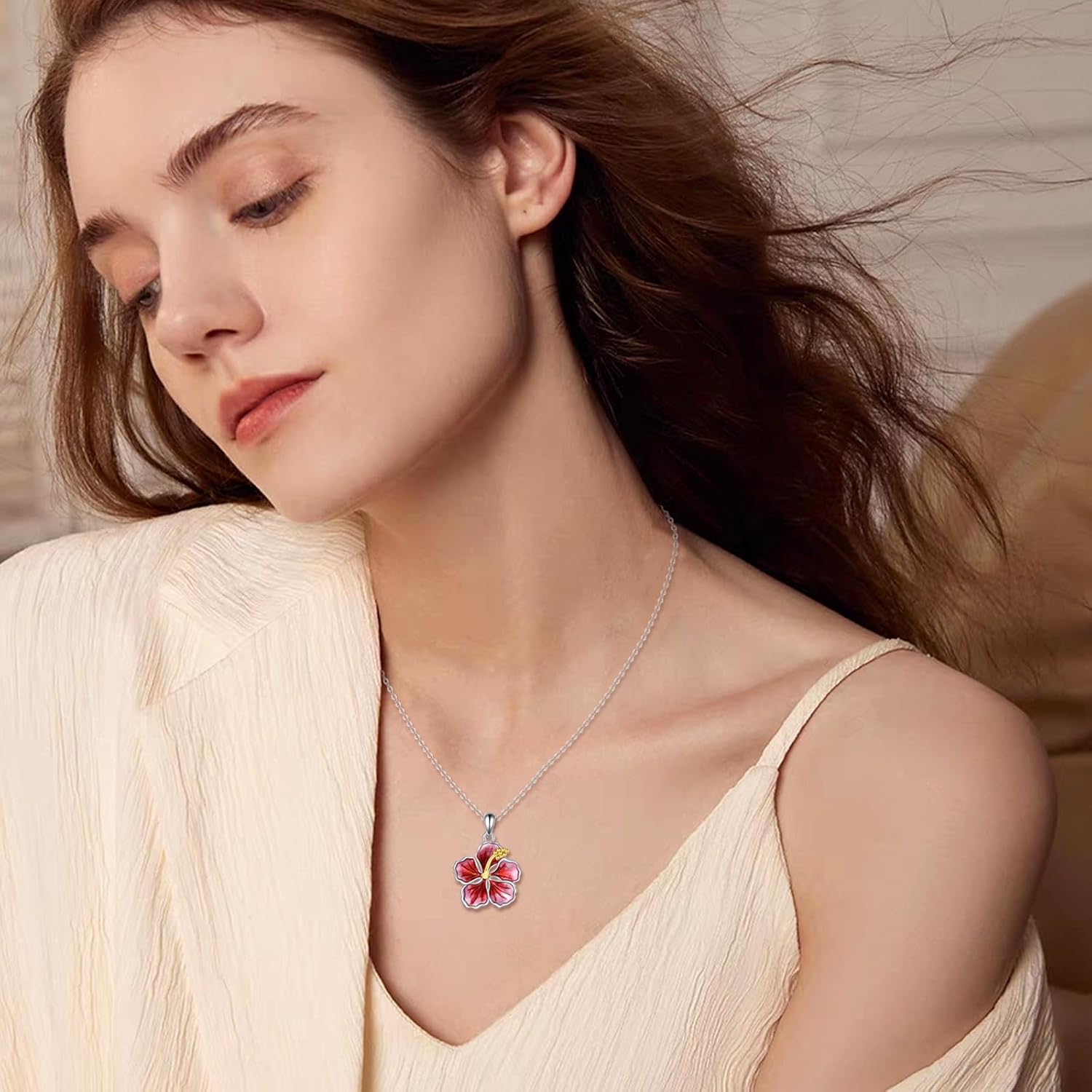 YFN Peony/Hibiscus Flower Pendant Necklace Sterling Silver Enamel Flower Jewelry Gifts for Women Mother Gifts - Image 2