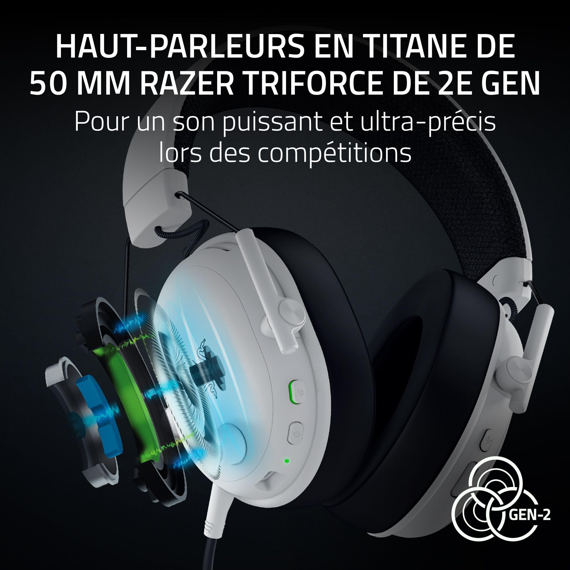 Razer BlackShark V3 - Casque sans Fil pour l’Esport - Haut-parleurs en Titane de 50mm - Micro HyperClear Amovible - THX Spatial Audio - Wireless 2,4Ghz & Bluetooth - Profils FPS - PC/Mac | Blanc