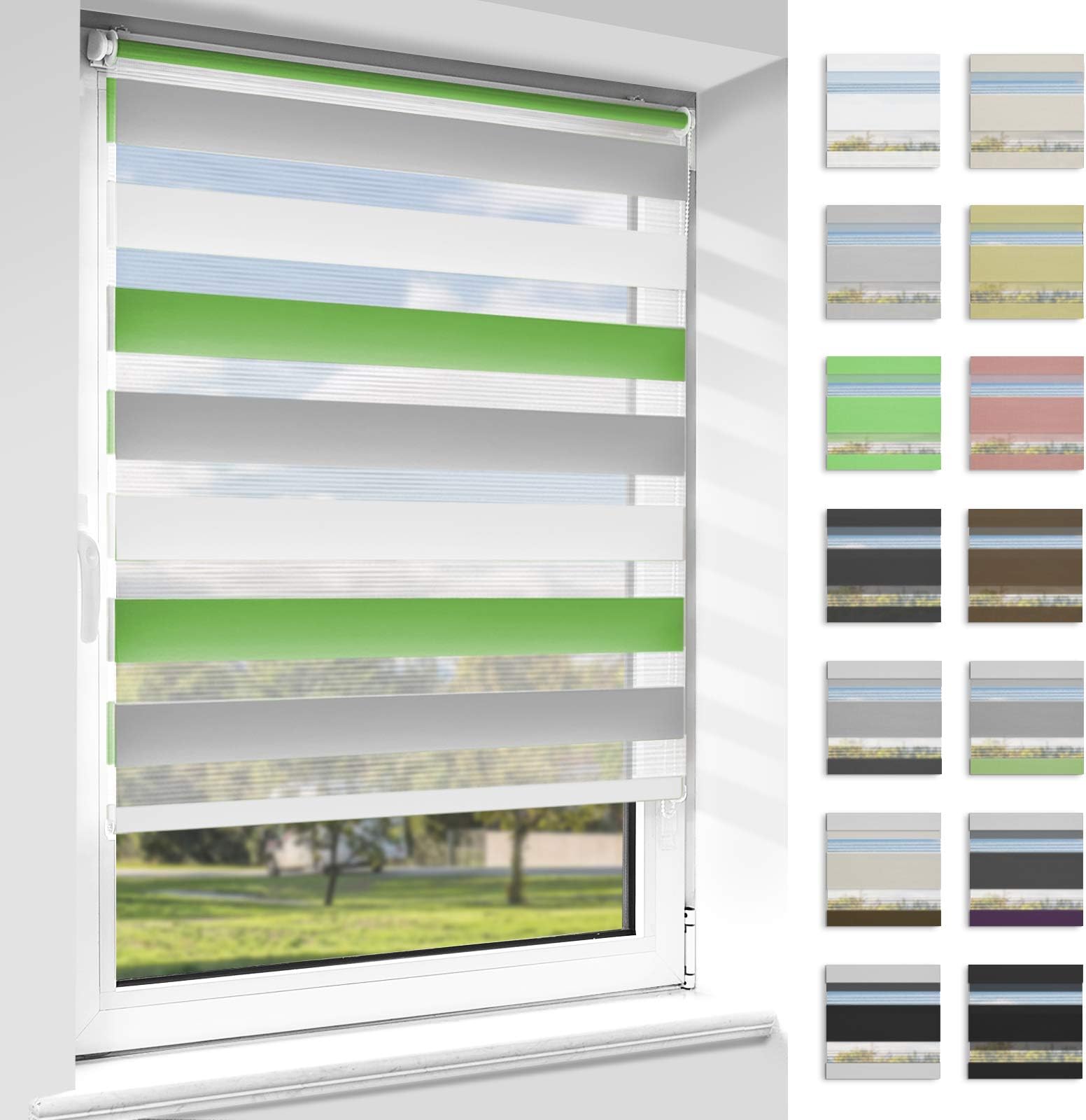 OUBO Day and Night Blinds, Green-Grey-White 90 x 230 cm (W x L), Zebra Roller Blinds Blackout and Transparent Dual Roller Shade No Drilling for Window and Door