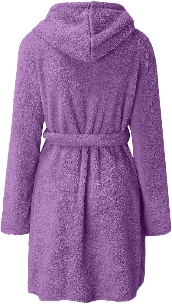 Accappatoio da donna sfocato, di media lunghezza, con cintura, con tasche, per autunno e inverno, caldo e accogliente con cappuccio (viola, S)