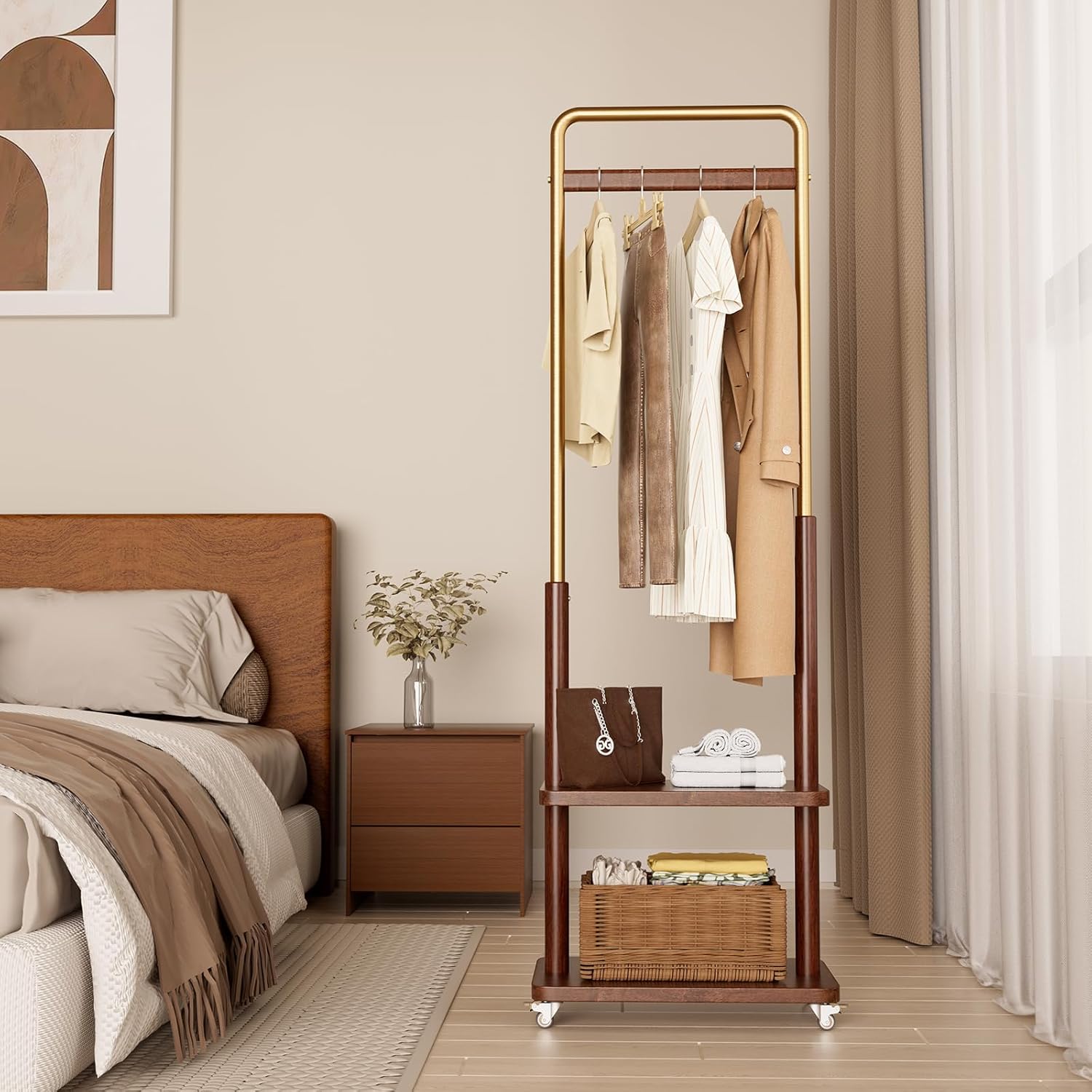 Clothes Rack Solid Wood Coat Rack,With Double Shelf Metal & Wood Clothing Rack Freestanding with Wheels for Hanging Clothes Garment, Entryway Bedroom Storage