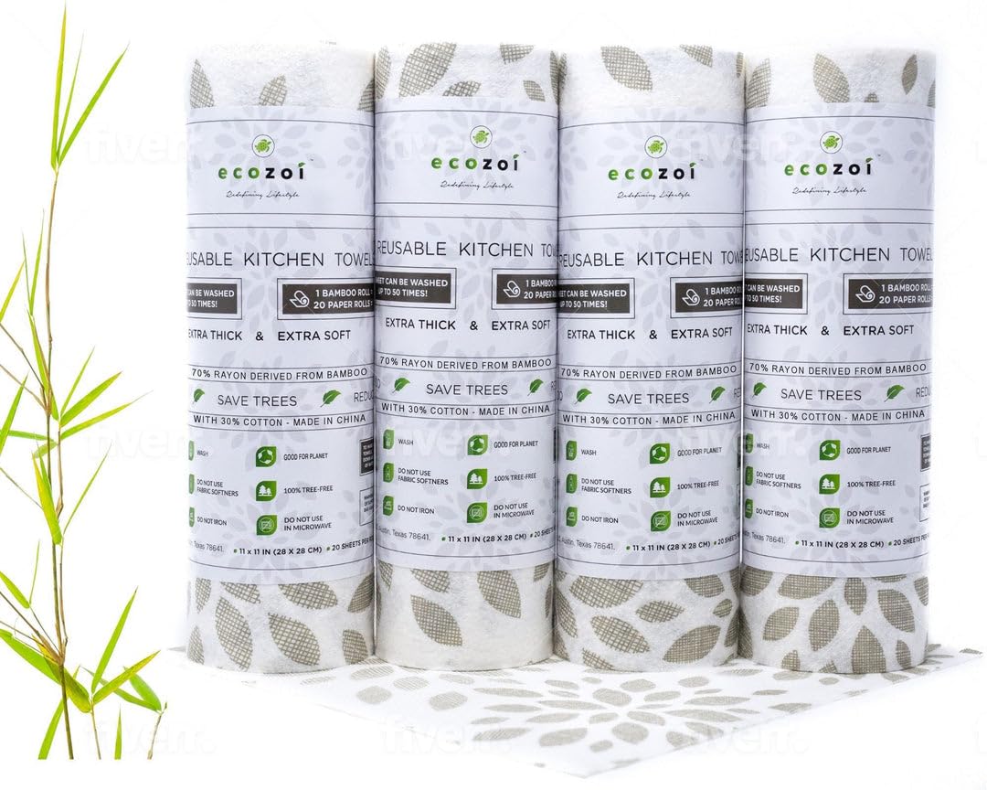Ecozoi Bamboo Rayon Reusable Towels - 4 Pack | Equivalent to 80 Regular Rolls | 70% Rayon from Bamboo and 30% Cotton Kitchen Paper Rolls | 50 Times More Usage than Regular Paper Rolls