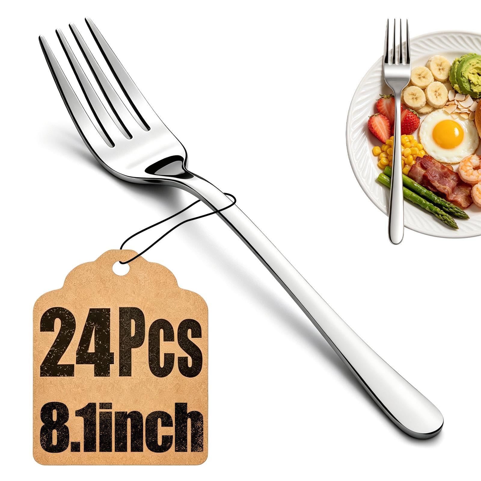 24Pcs Dinner Forks Set- 8.1 Inches Food Grade Stainless Steel Silverware Forks, Mirror Polished & Dishwasher Safe, Use for Home, Kitchen or Restaurant