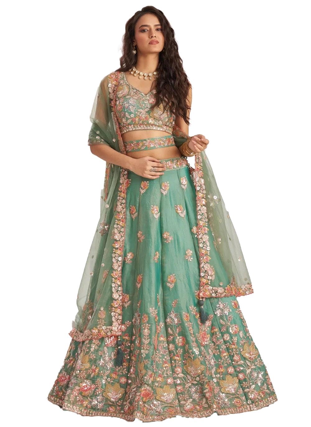 Pista Organza Zari Sequence Embroidery Work Semi Sttiched Lehenga Choli For Women-image-24