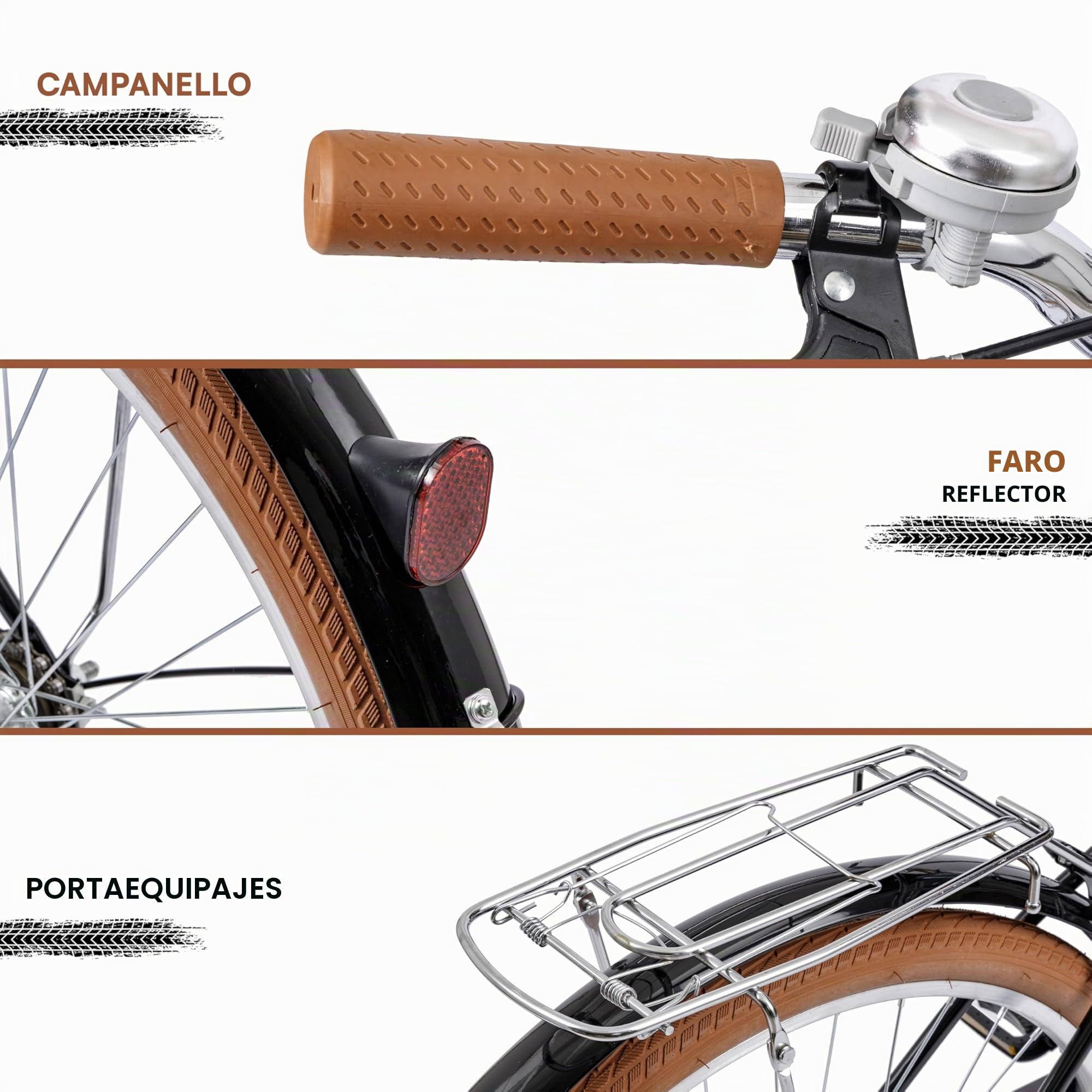 Baroni Home Bicicleta de paseo para hombre y mujer, con timbre, manillar y sillín ajustable, bicicleta con doble freno delantero y trasero, bicicleta de ciudad, negro y marrón, 168 x 90 cm