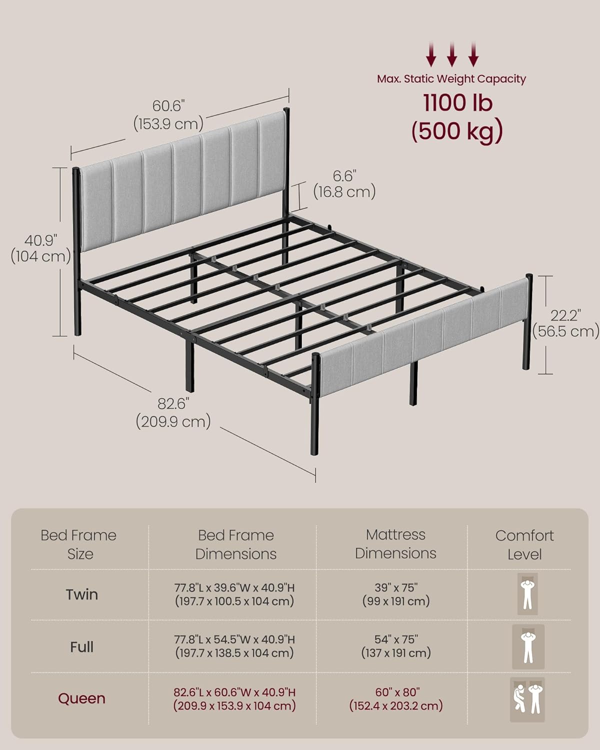 VASAGLE Queen Bed Frame with Upholstered Headboard, Metal Bed Frame Queen Size with Footboard, 1100 lb Weight Capacity, Steel Slats, Easy Assembly, No Box Spring Needed, Dove Gray URMB981G01V1 - Image 2