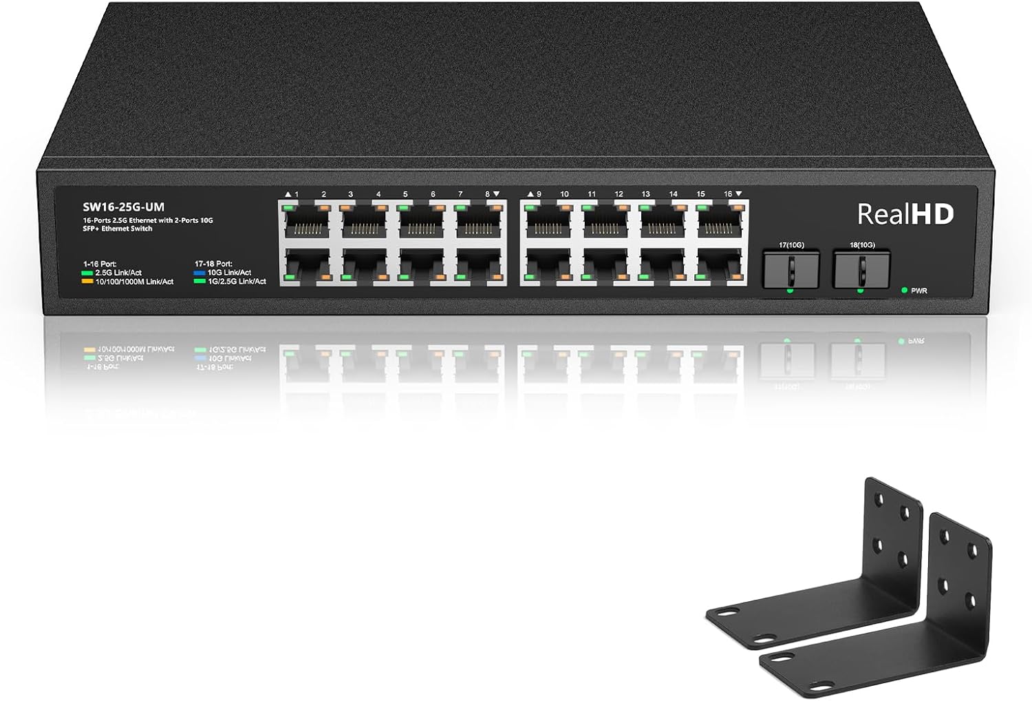Real HD 16 Port 2.5Gb Unmanaged Ethernet Network Switch with 16 x 2.5G Base-T Port, 2 x 10G SFP+, Work with 10-100-1000Mbps, 120G Bandwidth, Fanless Quiet, 19 in Rack Mount, Sturdy Metal Casing