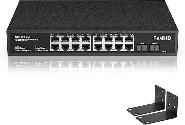 Real HD 16 Port 2.5Gb Unmanaged Ethernet Network Switch with 16 x 2.5G Base-T Port, 2 x 10G SFP+, Work with 10-100-1000Mbps, 120G Bandwidth, Fanless Quiet, 19 In Rack Mount, Sturdy Metal Casing