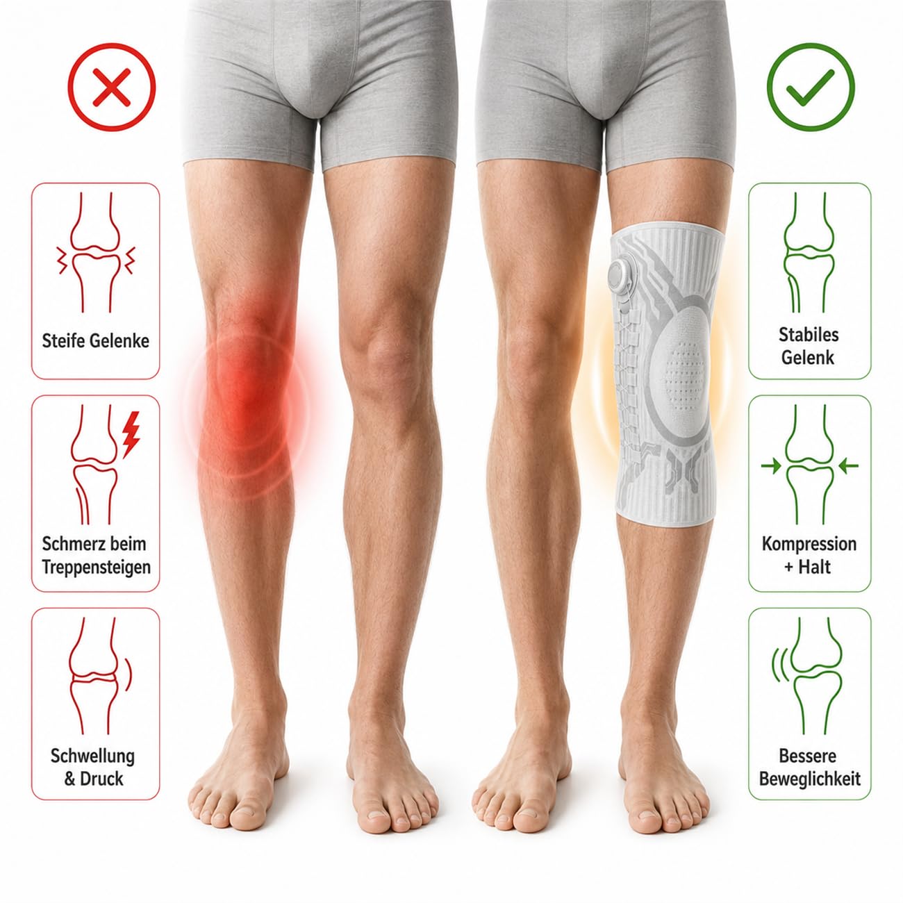 Verstellbare Kniebandage für Damen & Herren – Kompressionsstütze mit seitlichen Stabilisatoren & Patella-Gel-Pad, Atmungsaktive Knieorthese für Sport, Meniskus, Arthritis & Gelenkschmerzen