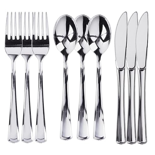 Prestee 300 Piece Heavy Duty Plastic Silverware Set - 100 of Each Silver Plasticware Forks, Spoons, Knives - Flatware Cutlery for Weddings - Durable Disposable Plastic Utensils for Catering, Buffets
