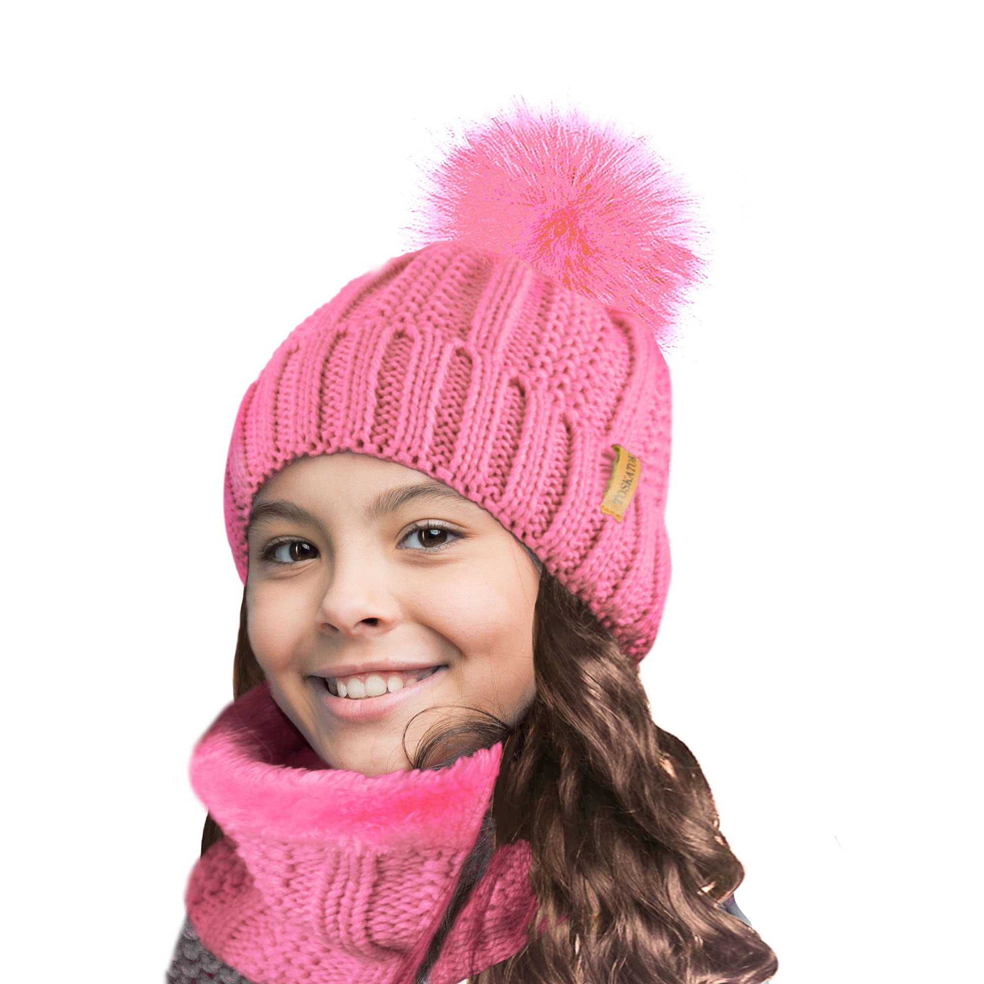 TOSKATOK Niños Niñas Invierno Rib Seed Stitch Térmico Cálido Acogedor Forro Polar Calentador De Cuello Snood Bufanda Con Conjunto De Gorro