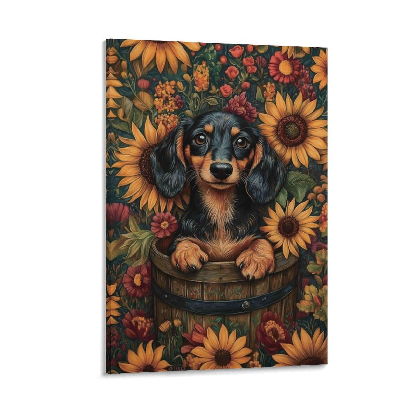 DHBANEIOK Dachshund in Flower Garden Poster Artwork Canvas Prints Picture Modern Canvas Wall Art Picture Wall Hanging for Home Decorations 24x36inch(60x90cm)
