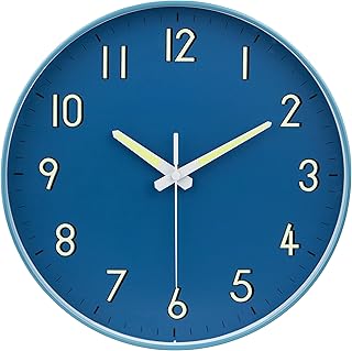 Midnight Blue Wall Clock with Silent Non Ticking Movement and Glow in The Dark Numbers and Hands, Modern Home Decor for Bedroom, Bathroom, Living Room, Office