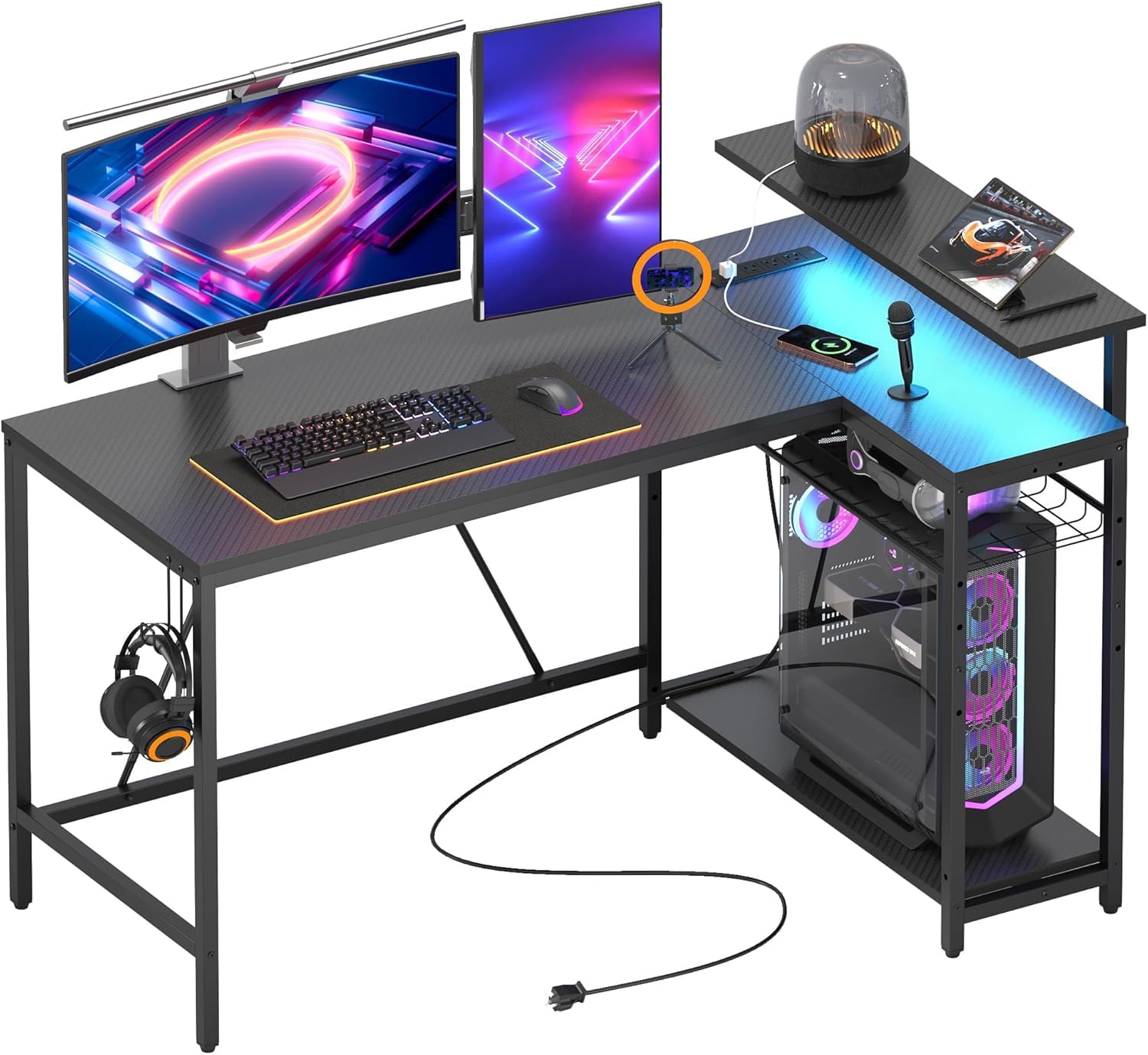 Bestier 132.5CM L-Shaped Workstation with Carbon Fibre Surface, 3 Power Outlets & 2 USB Ports, LED Strip Lights – Reversible Corner Unit with Shelves & Hooks for Home Office & Gaming — image 1