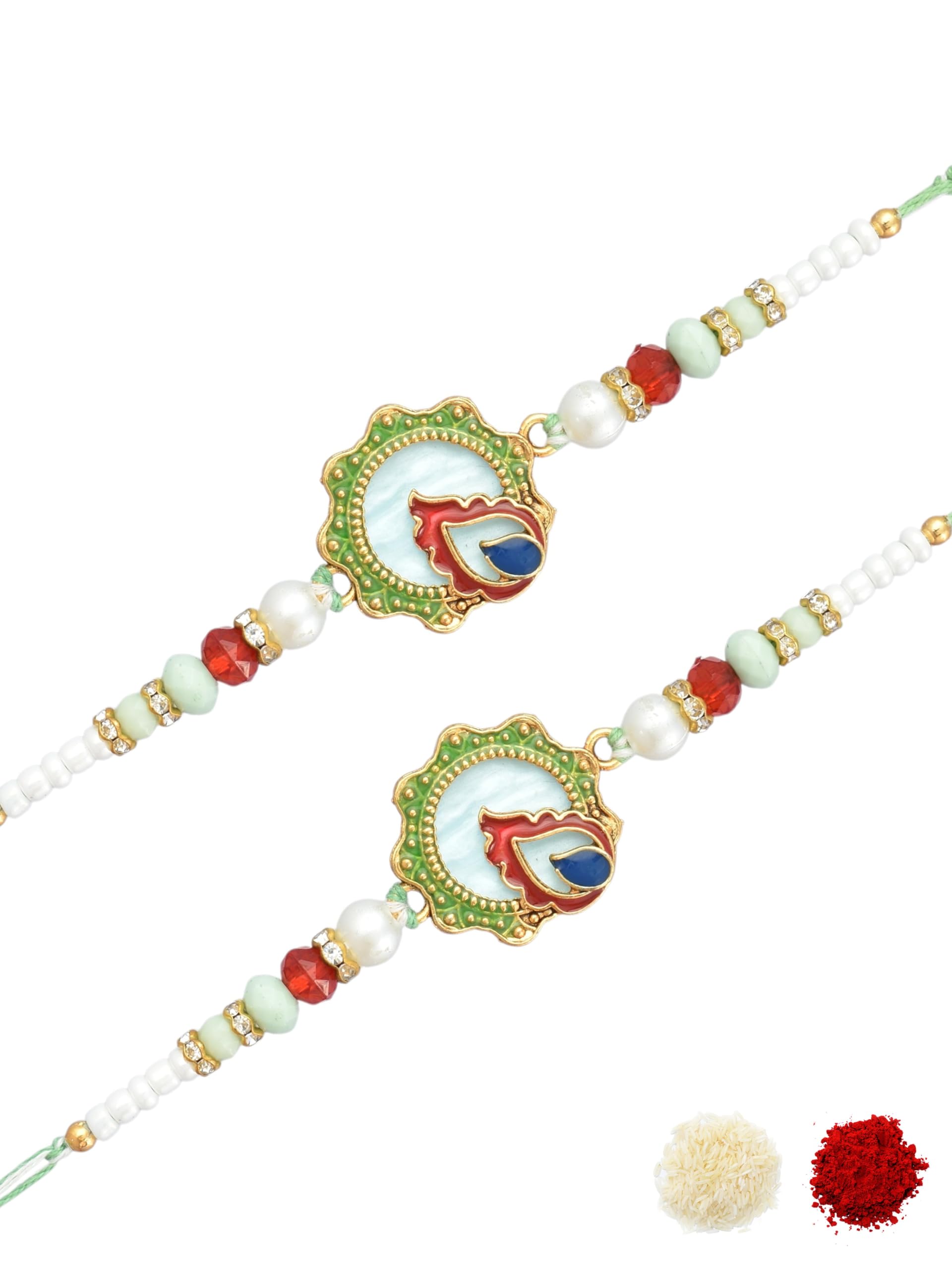 Premium Peacock Feather Motif Colourful Beads, Enamel Work & Cotton Thread Pack of 2 Rakhi for Brothers, Bhai, Bhaiya, Kids with Roli Chawal & Greeting Card for Raksha Bandhan -66-image-39