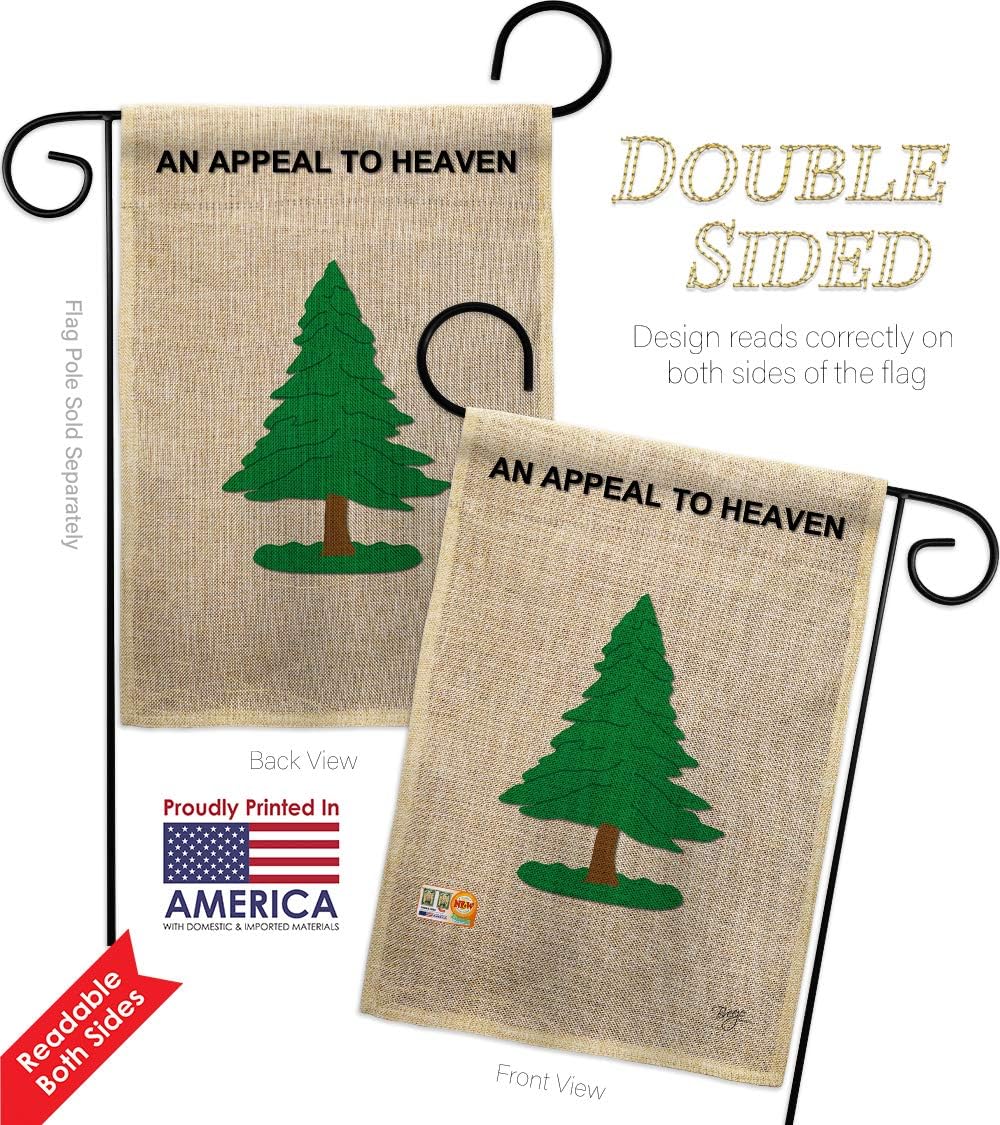 Pine Tree Burlap Garden Flag Set with Stand Americana US Historic July Memorial Veteran Independence United State American Small Decorative Gift Yard House Banner Double-Sided Made In USA 13 X 18.5