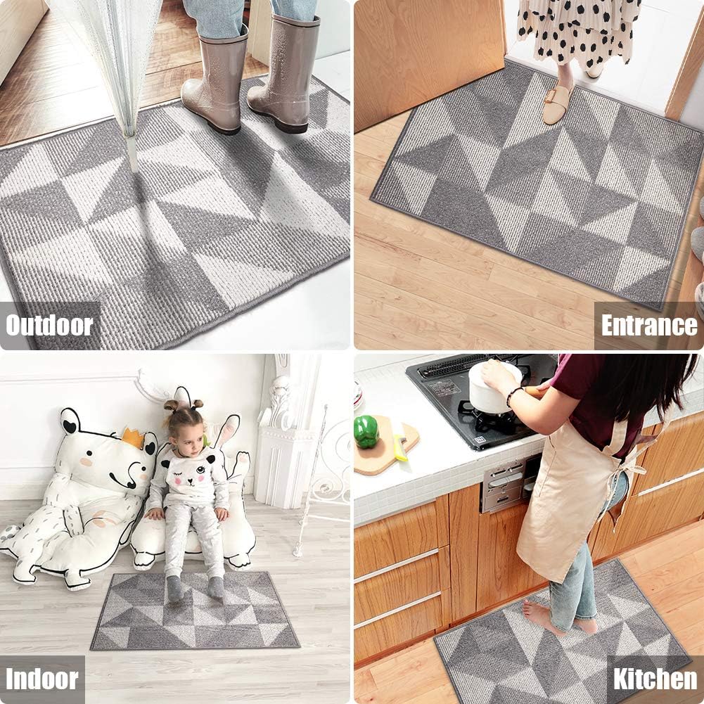 Indoor Doormat 24"x 36", Absorbent Front Back Door Mat, Rubber Backing Non Slip Floor Mats Inside Mud Dirt Trapper Outside Entrance Front Door Rug Carpet, Machine Washable Low Profile - Grey Geome
