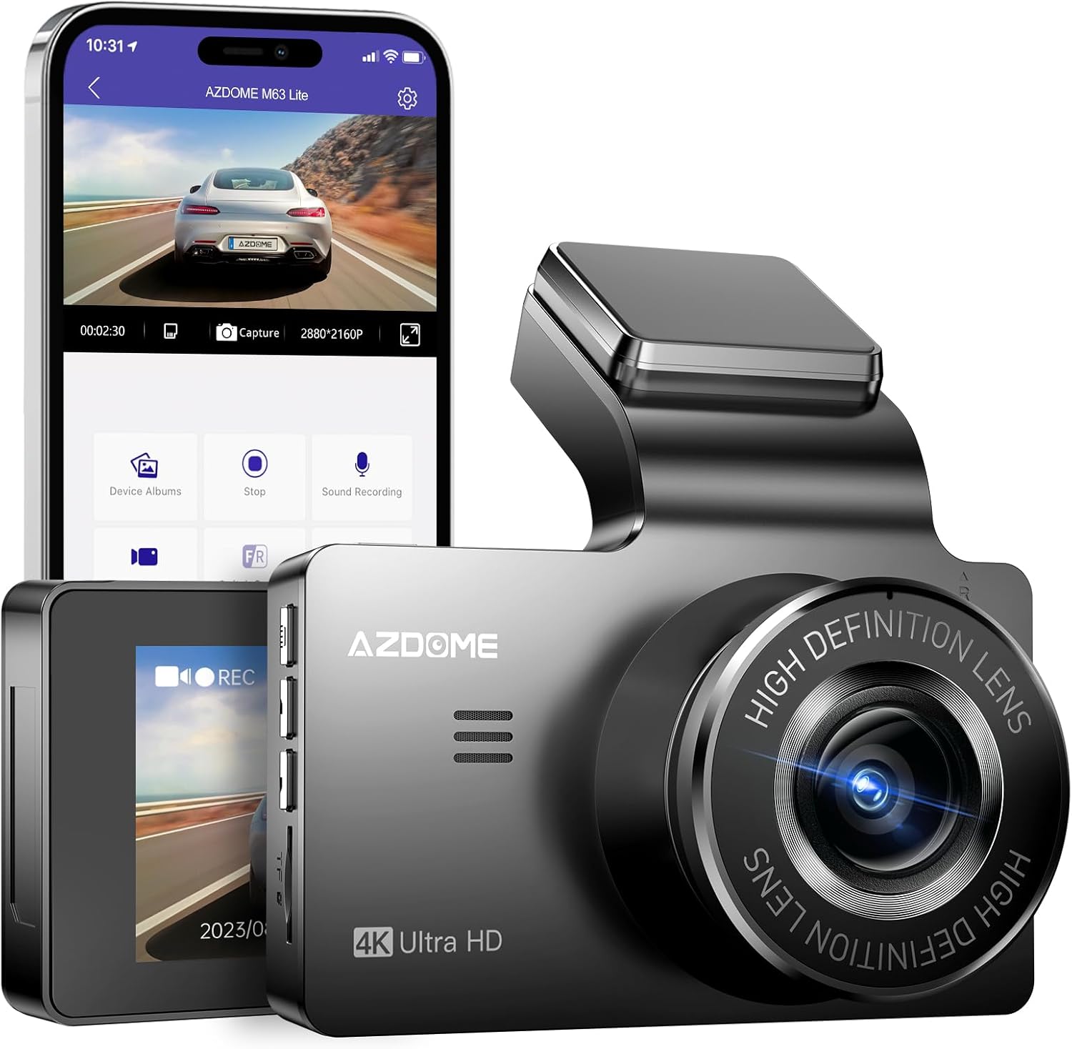 AZDOME M63 Lite 4K Dash Cam Front, 2160P Car Camera with Night Vision WDR, 3 Inch IPS Screen Dash Camera Built-in WiFi, G Sensor Loop Recording 24H Parking Mode, Super Capacitor Time Screen Saver