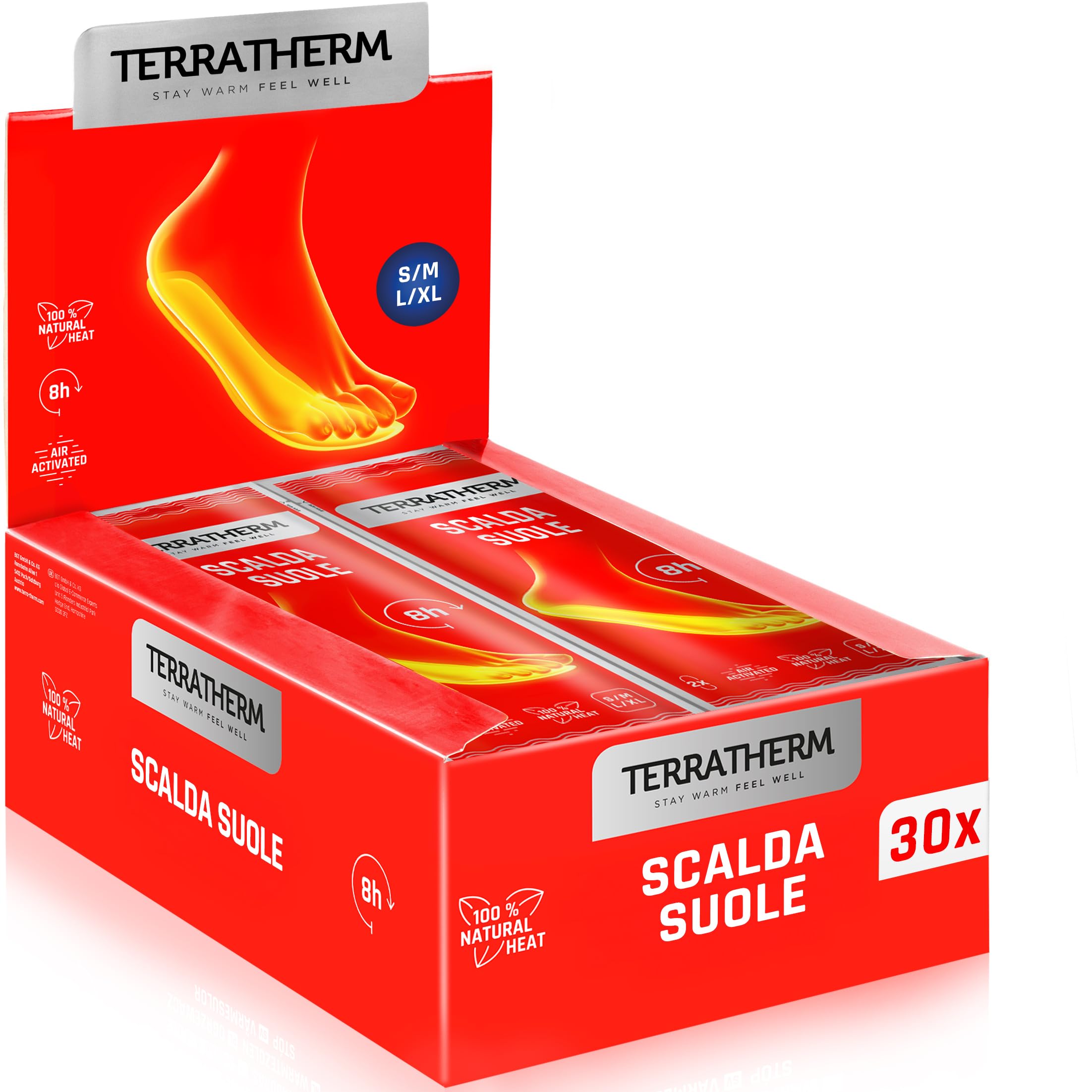 Terratherm Solette riscaldanti, attivato dall’aria | per 8 ore di calore per i piedi, 5, 10 o 30 paia, scaldapiedi per scarpe, suole riscaldanti con 100% calora naturale